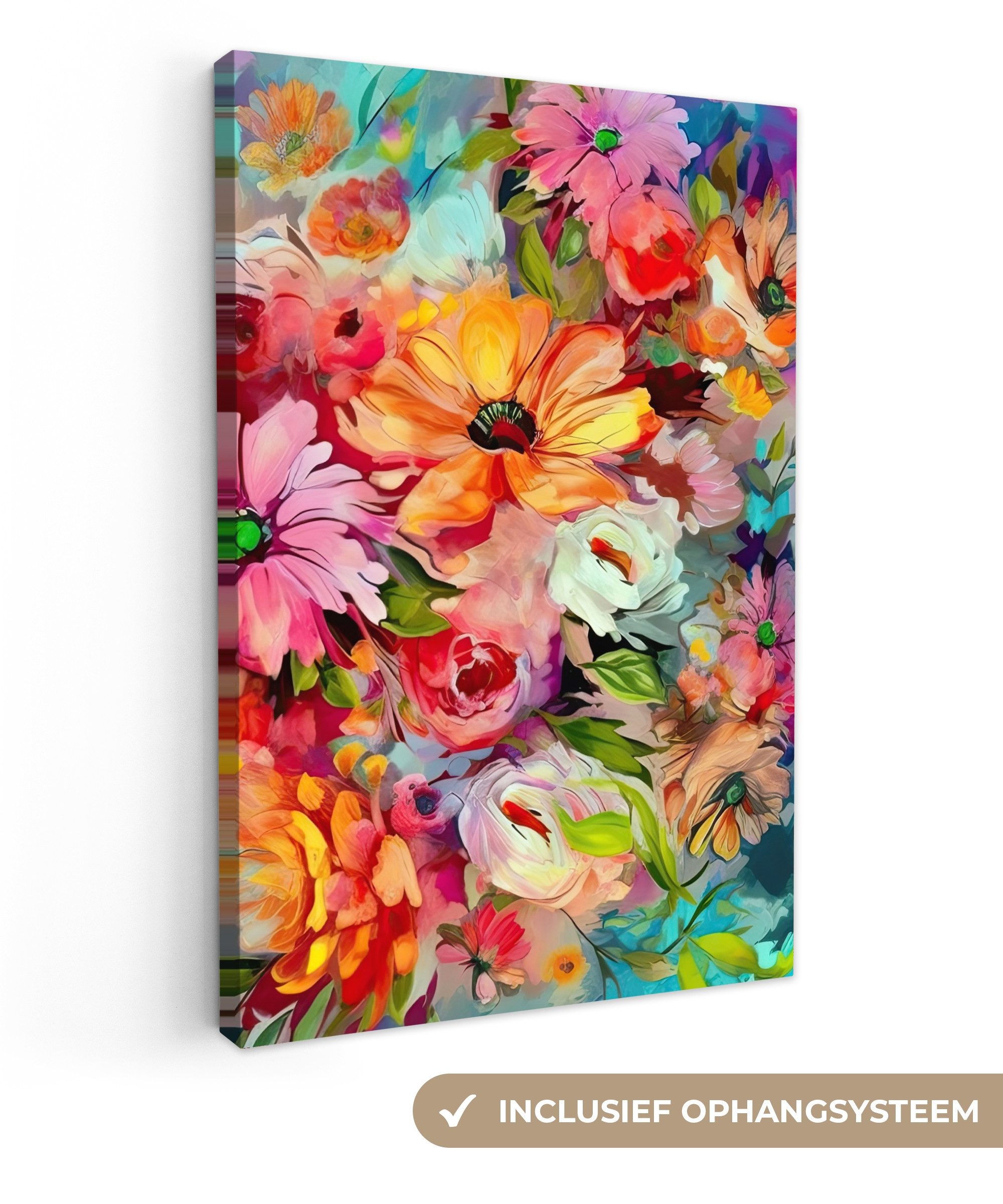 OneMillionCanvasses® Leinwandbild Blumen - Farbenfroh - Kunst - Ölfarbenoptik, Fotodruck (1 St), Leinwand Canvas Wandbild, Wanddekoration 20x30 cm