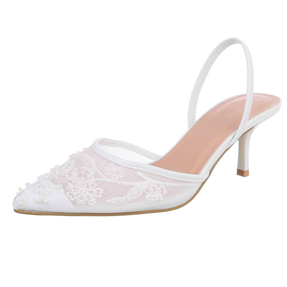 Ital-Design Damen Slingback-Pumps mit Perlenstickerei & High Heel Schnürpumps (92214470) Pfennig-/Stilettoabsatz Pumps in Weiß