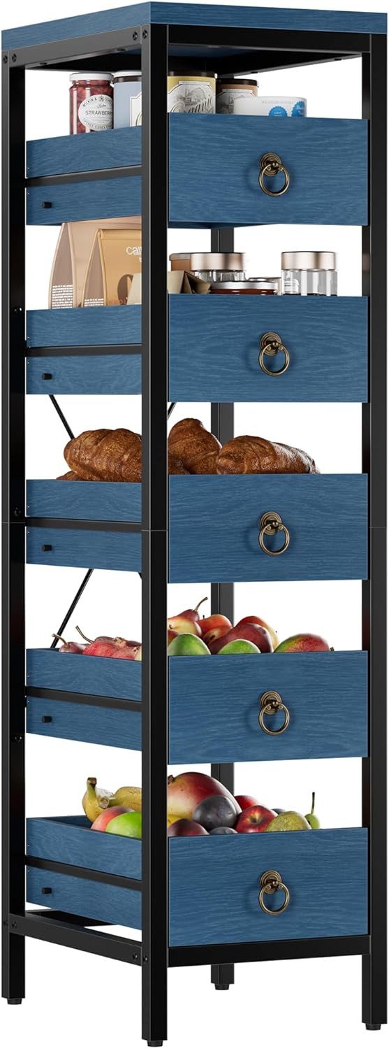 GarveeMore Küchenregal 5-stöckiges mit 5 ausziehbaren Schubladen für Obst und Gemüse, praktisches Regal für Küche, Wohnzimmer, Badezimmer und Supermarkt