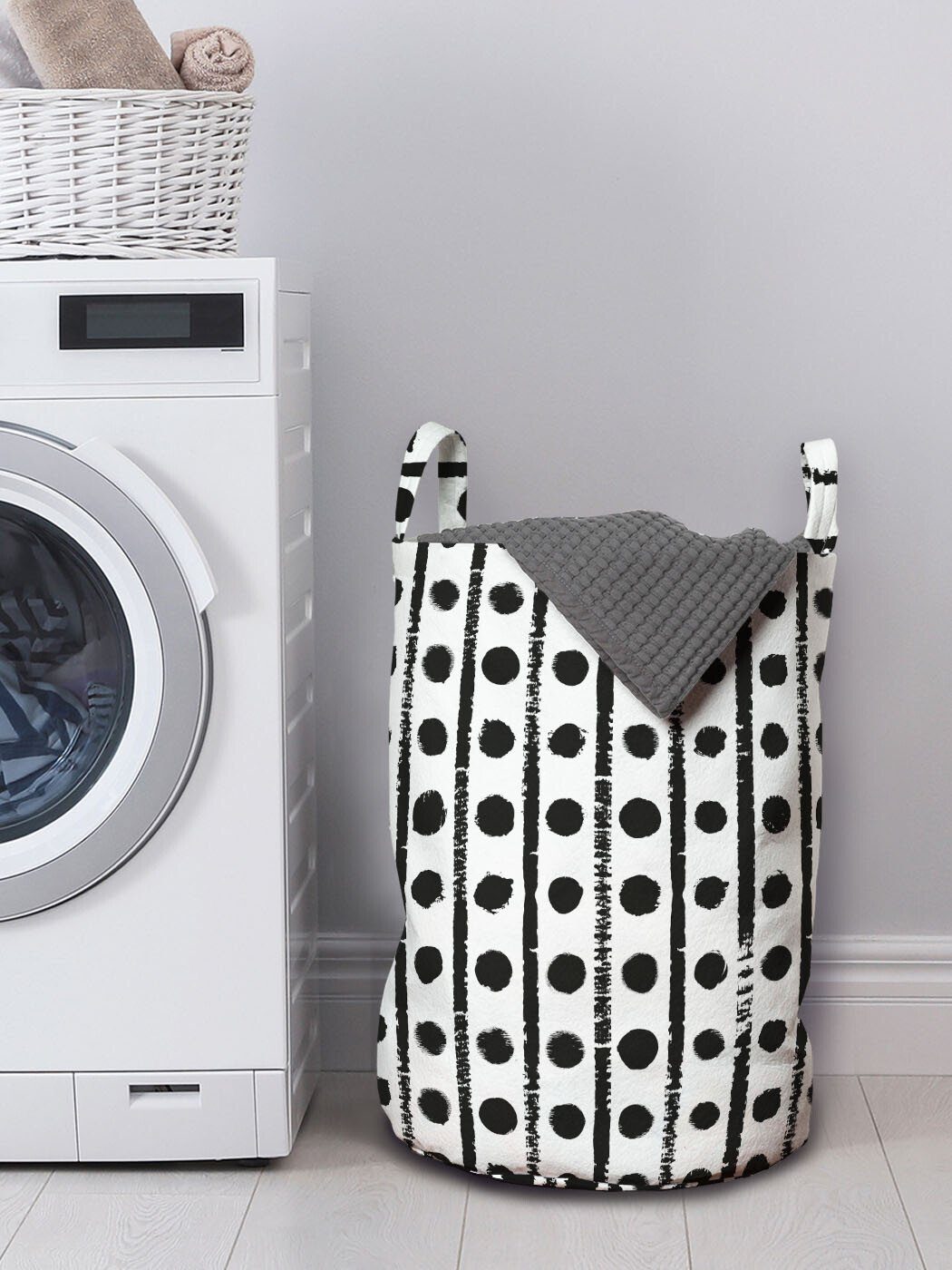 Waschsalons, Wäschekorb Punkte und Abakuhaus für mit Wäschesäckchen Brushed Kordelzugverschluss Geometrisch Griffen Streifen
