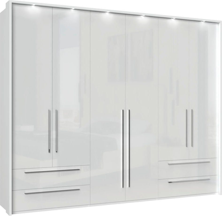 OTTO home Drehtürenschrank Piano, inklusive Rahmen und Beleuchtung, soft-close-Funktion (277 oder 322cm breit, 226cm hoch, mit 4 Schubladen) UV lackiert, hochglänzend weiß oder beige, FSC-zertifiziert