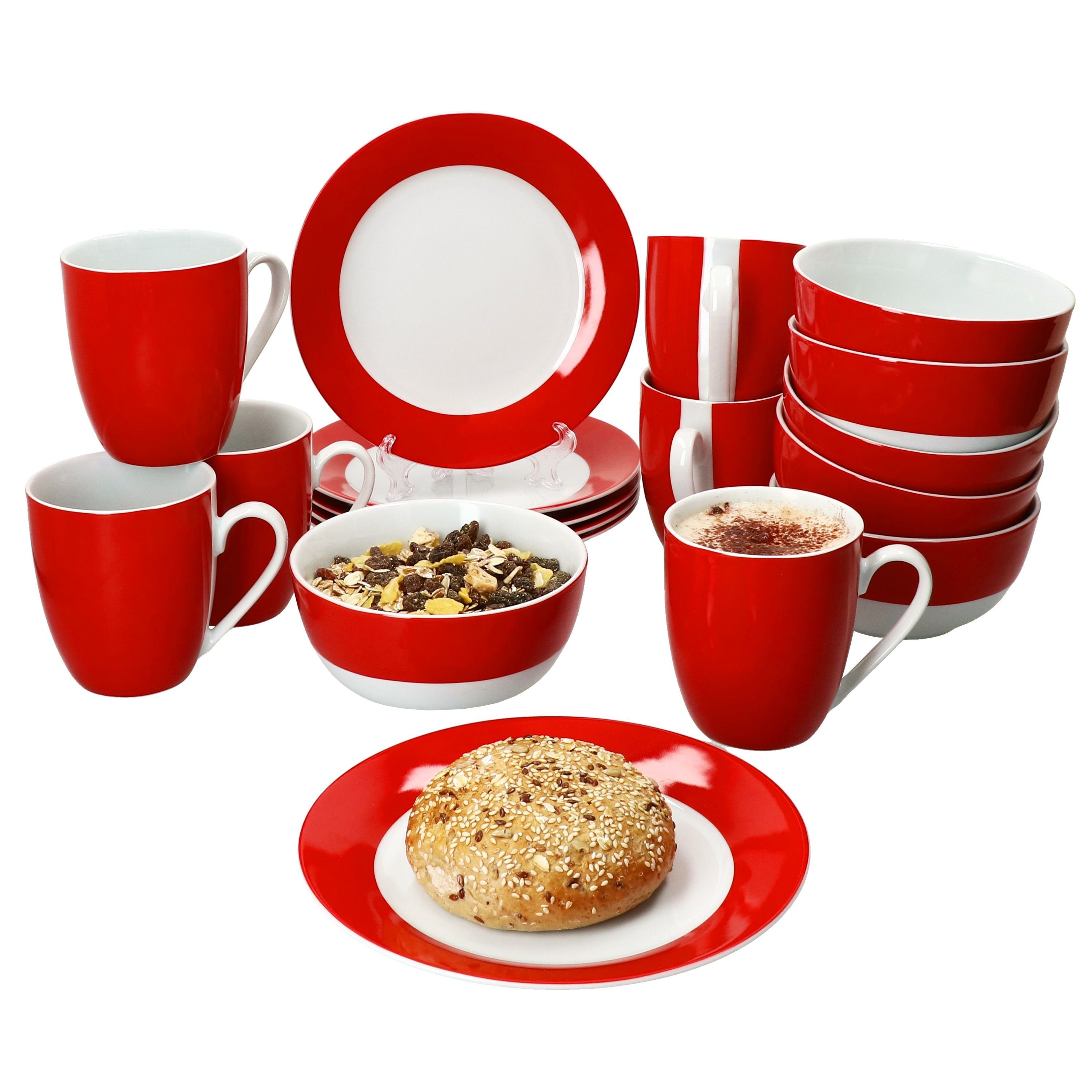 Frühstücks-Geschirrset Porzellan Personen Schale, 18tlg Frühstücksset Porzellan Teller 6 MamboCat Rot Variant