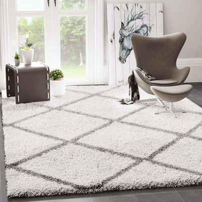 Hochflor-Läufer Wohnzimmer Rautenmuster, Vimoda, Rechteckig, Höhe: 30 mm, Langflor, Rauten muster, Skandi Design, Creme