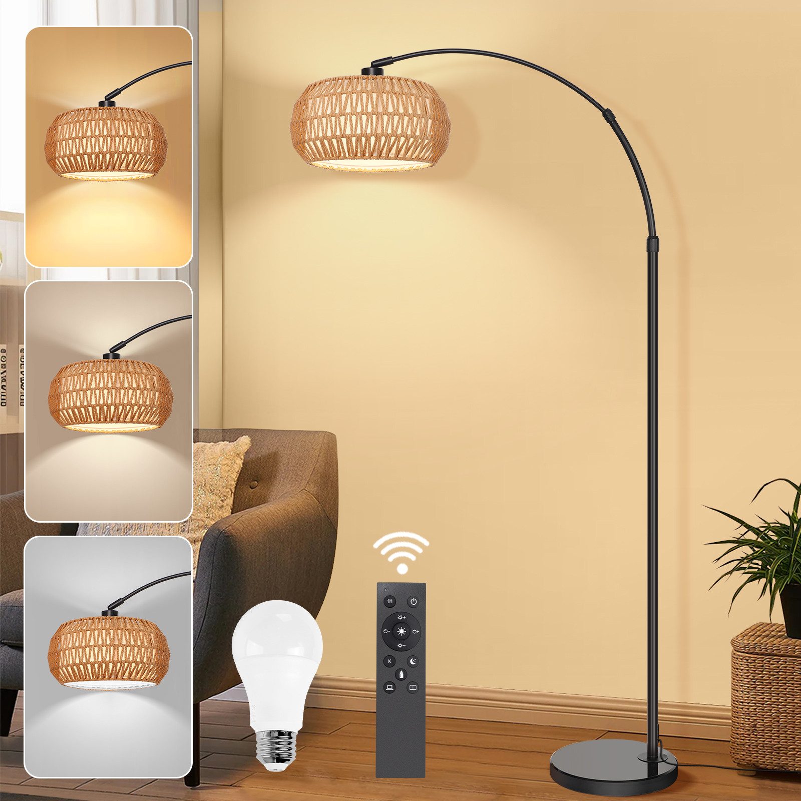 Stehlampe LED Stehleuchten,Rattan Boho LED Stehlampe,Moderne Bettlampe Dimmable