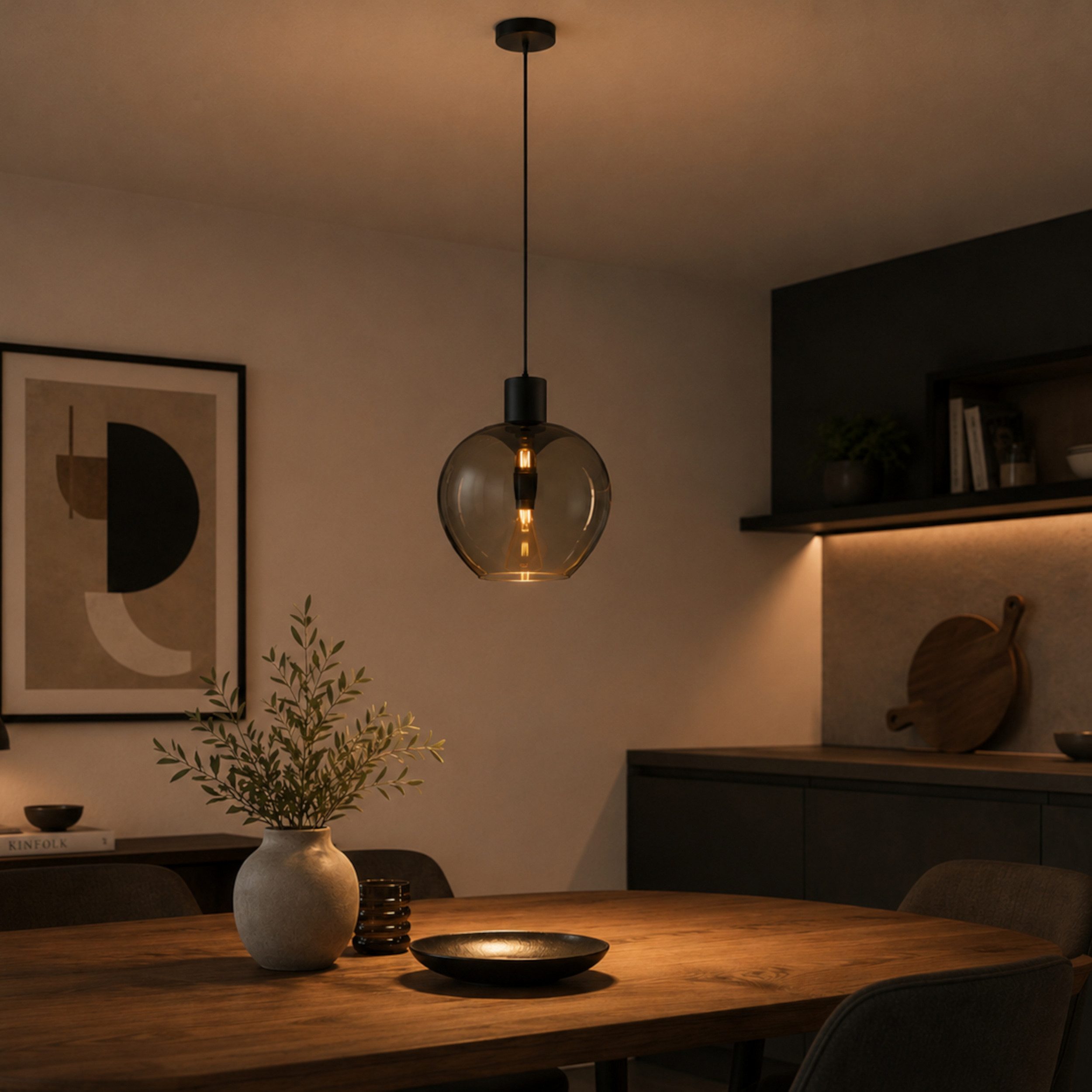 Lightbox Pendelleuchte, ohne Leuchtmittel, H 150 cm, Ø 35 cm, E27 Fassung, Aluminium, Glas, Schwarz Rauchglas