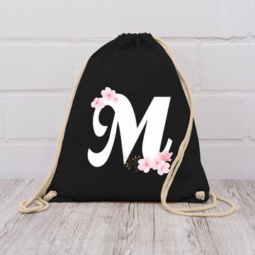 Shirtracer Turnbeutel Buchstabe M mit Kirschblüten, Geschenk Taschen Initialen Shopper Baumwolle