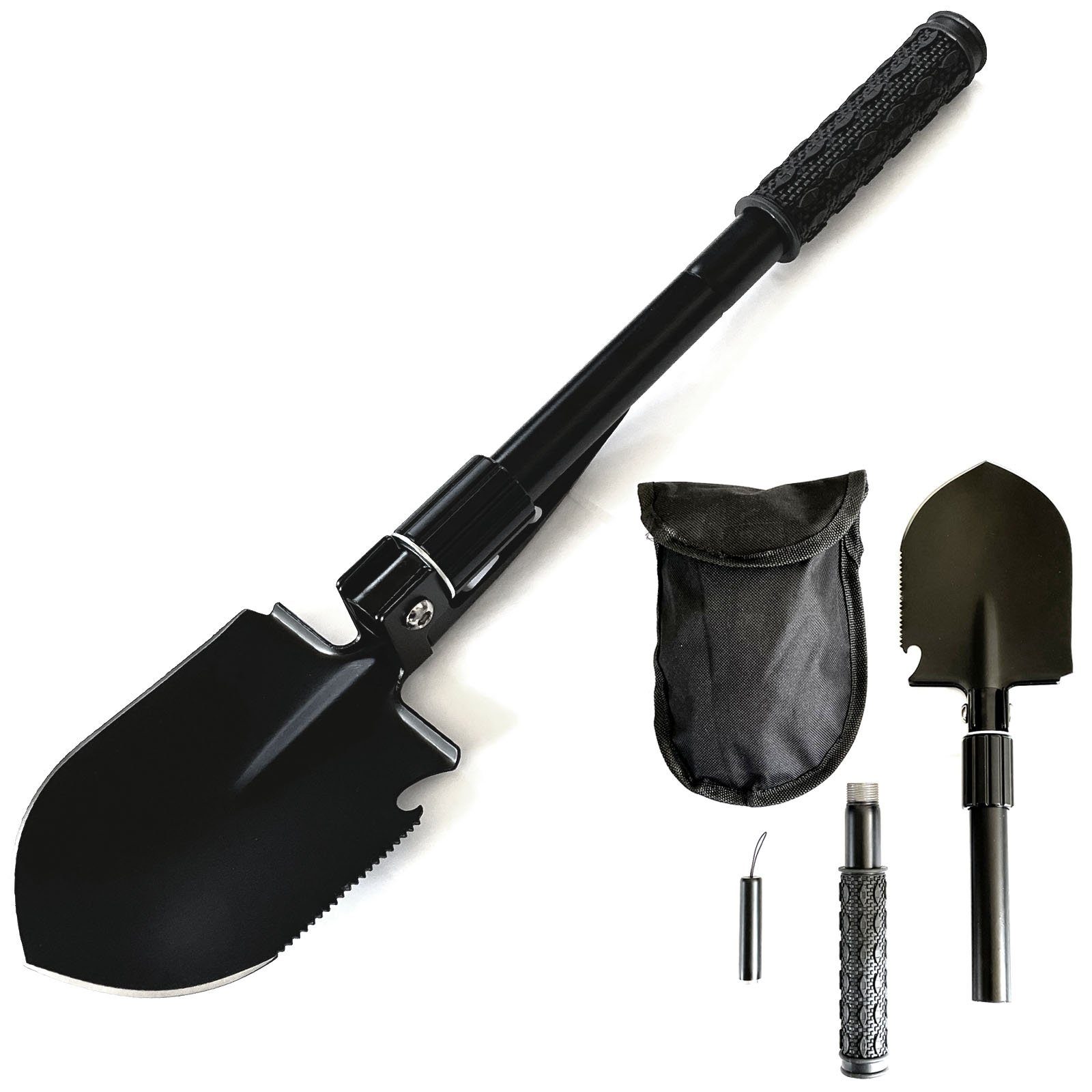 HAC24 Multitool 6in1 Klappspaten Säge Spitzhacke Messer Nageleisen Legierter Stahl, (1 St), Inkl. Taschenlampe & Tragetasche