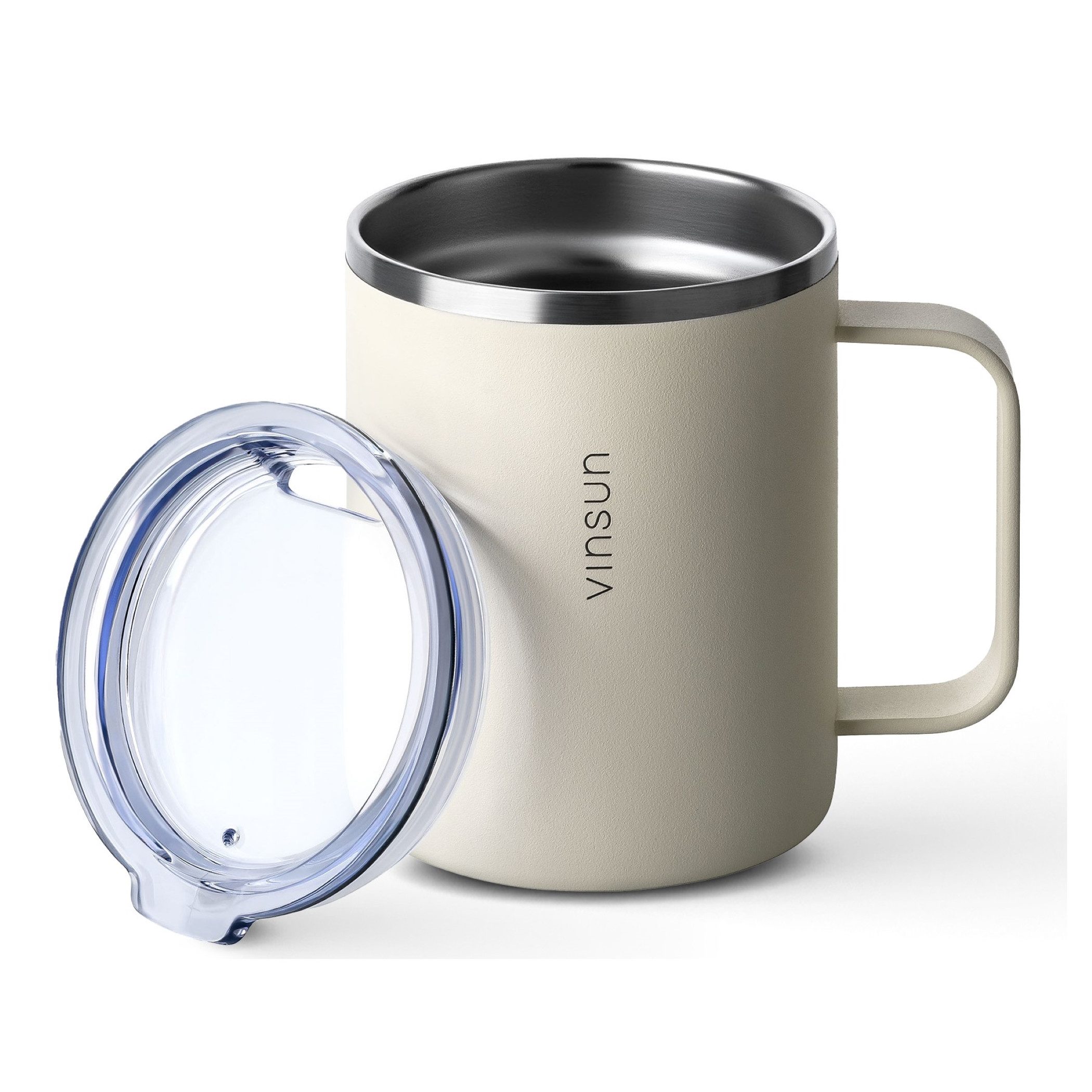 Vinsun Thermobecher Edelstahl Isolierbecher 350ml - Kaffeebecher mit Henkel und Deckel, 2-tlg., Edelstahl, Doppelwandig isoliert, BPA frei, bruchfest, Kalt- und Heißgetränke