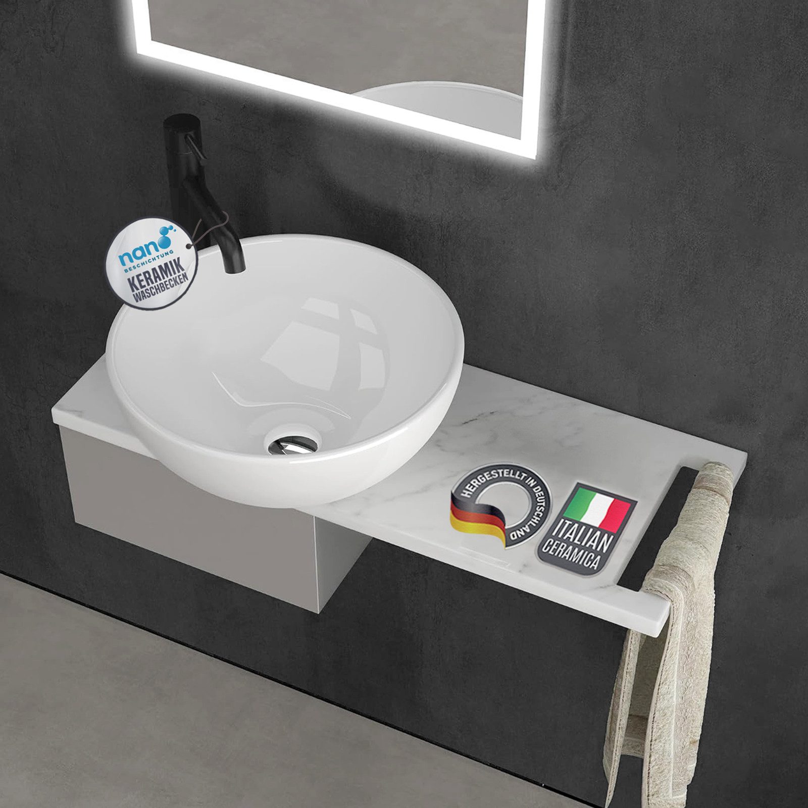 Alpenberger Aufsatzwaschbecken Rund - Waschschüssel Waschbecken Klein Gäste WC Set mit Handtuchhalter (Waschschale mit Nano, Handwaschbecken), mit Keramikplatte und Edelstahlkasten