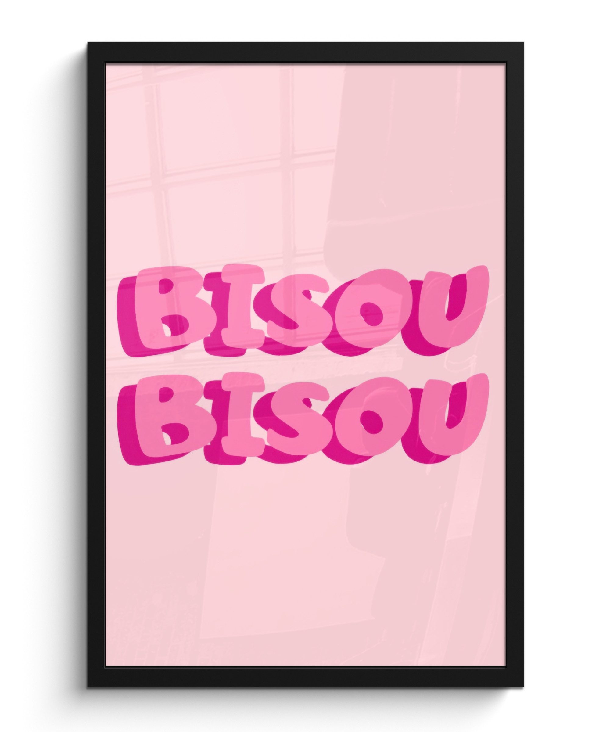 MuchoWow Poster Bisou - Rosa - dicke Buchstaben, (1 St), Bilderrahmen Schwarz, Wanddeko für Wohnzimmer, 40x60 cm