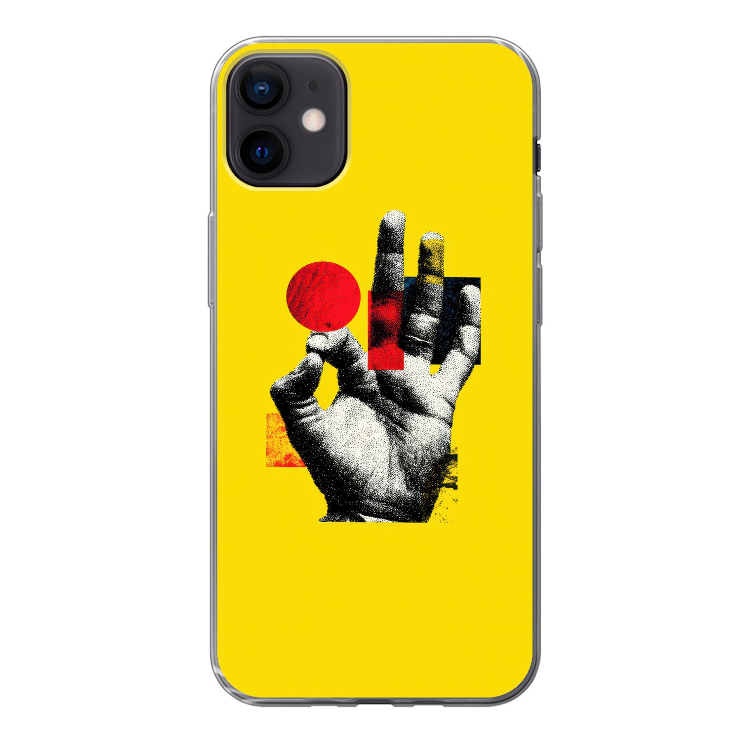 MuchoWow Handyhülle für Apple iPhone 12 Mini Hand - Roter Kreis - Gelb, Smartphone-Bumper, Print, Handy Schutzhülle Dünn