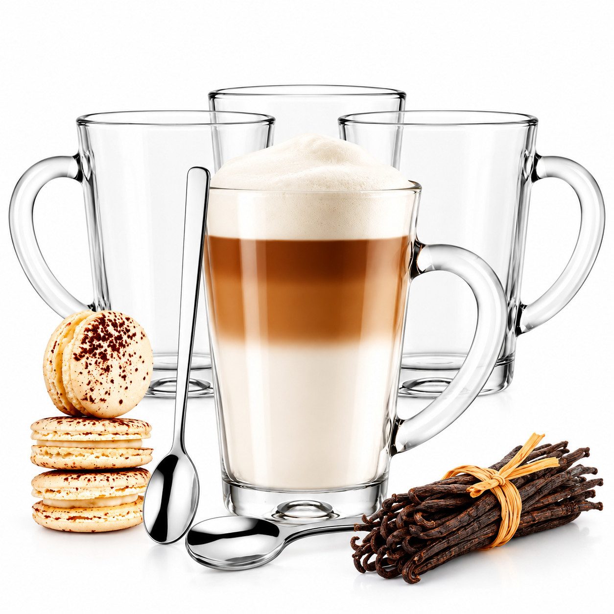 Sendez Latte-Macchiato-Glas 6 Latte Macchiato Gläser 300 ml + 6 Edelstahl-Löffel GRATIS, 12-tlg., Glas