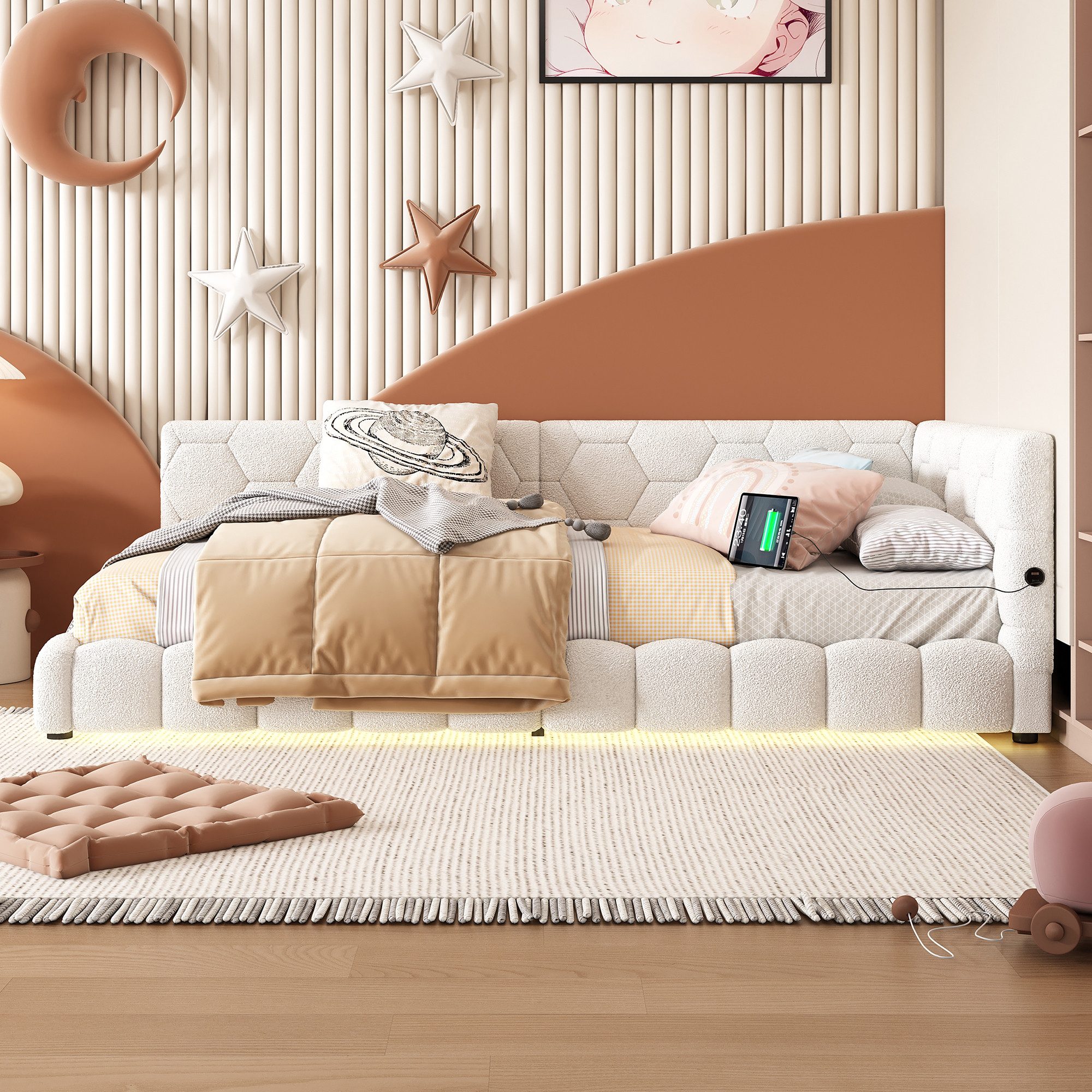 Flieks Polsterbett, LED Einzelbett Daybett Tagesbett Samt 90x200cm mit USB- günstig online kaufen