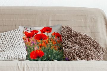 MuchoWow Dekokissen Mohn - Blumen - Rot - Lila - Wiese, Zierkissen mit Füllung für Wohzimmer, Schlafzimmer, Deko, Sofakissen