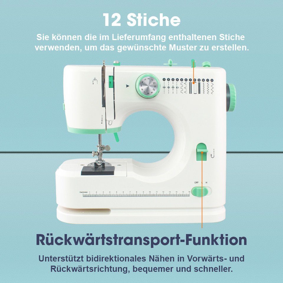 VOF Nähmaschine Zubehör, 12 520, weiß+grün, für klein, mit Nähanfänger, Programme, 4-Stufen-Knopfochautomatik