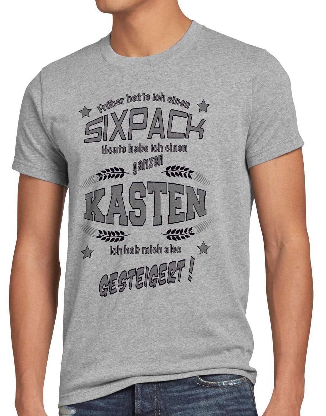 einen Print-Shirt Fun grau Früher meliert Funshirt T-Shirt style3 heute Sixpack Biershirt Spruch Kasten Herren