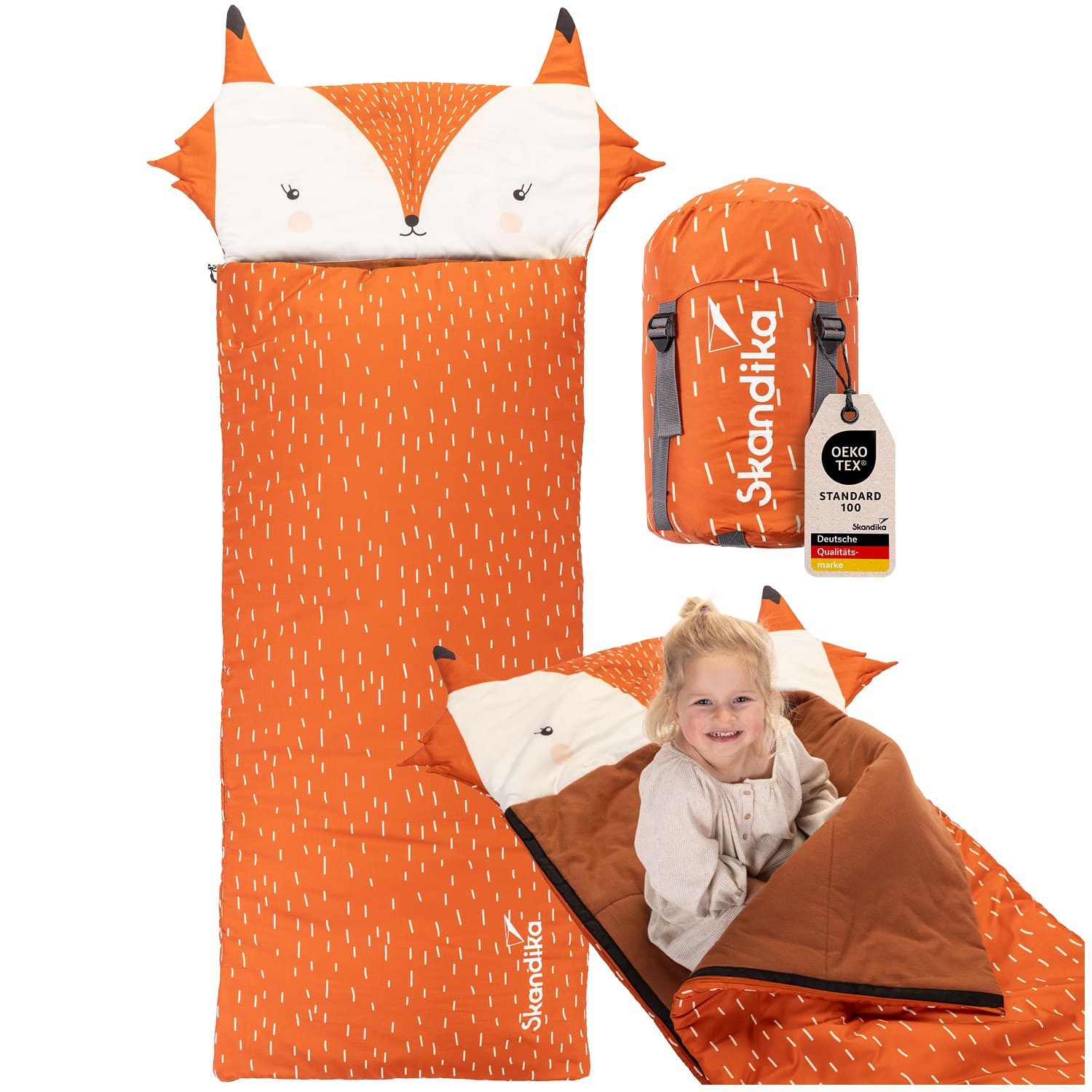 Skandika Schlafsack Soti, Schlafsack für Kinder bis 150 cm, buntes Design Fuchs, mit Baumwolle, maschinenwaschbar, Kinderschlafsäcke, Kuschelschlafsack