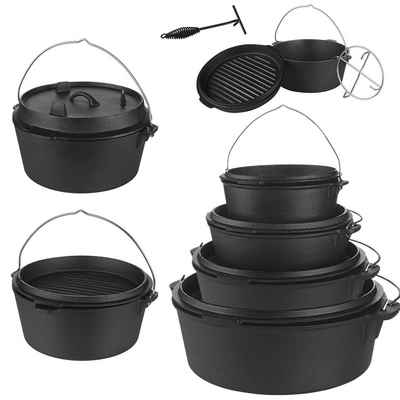 Melko Feuertopf Feuertopf usstopf Kochtopf Dutch Oven in Schwarz aus Gusseisen inkl. Schürhaken & Untersetzer Camping Potjie Kochgeschirr Kessel Bräter BBQ Topf Feuerkessel, Gusseisen (Stück, 1-tlg), Deckel als Pfanne verwendbar