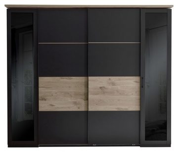 Pol-Power Kleiderschrank SMOOTHY, 4-türig, Anthrazit, Viking Eiche Dekor, Drehtüren mit Glasfronten, B 267 x H 225 x T 61 cm