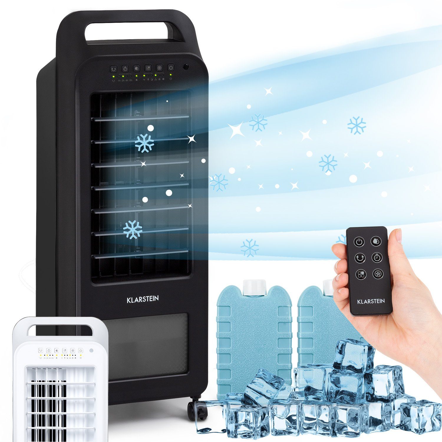 Klarstein Ventilatorkombigerät Cooler Rush Ventilator, mit Wasserkühlung & Eis mobil Klimagerät ohne Abluftschlauch Schwarz
