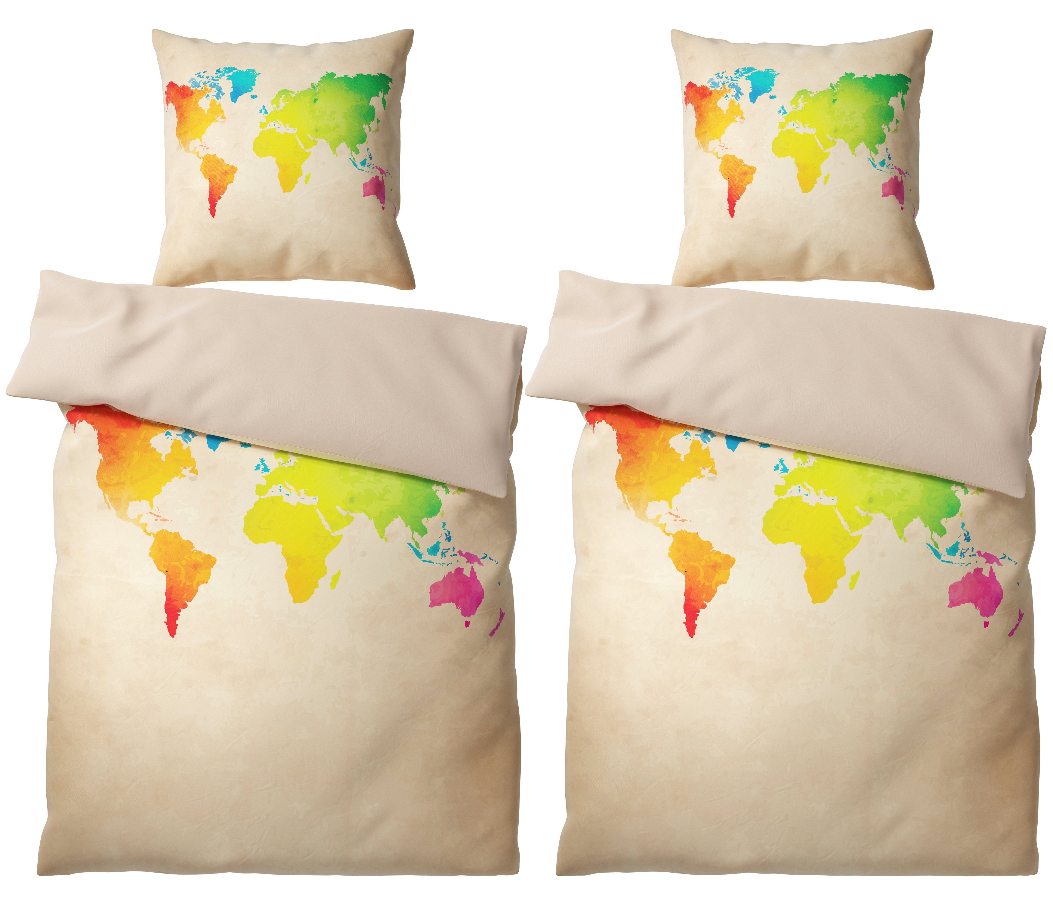 Sanilo Bettwäsche International Map 135x200 cm, Bettbezug und Kissenbezug, Baumwolle, 4 teilig