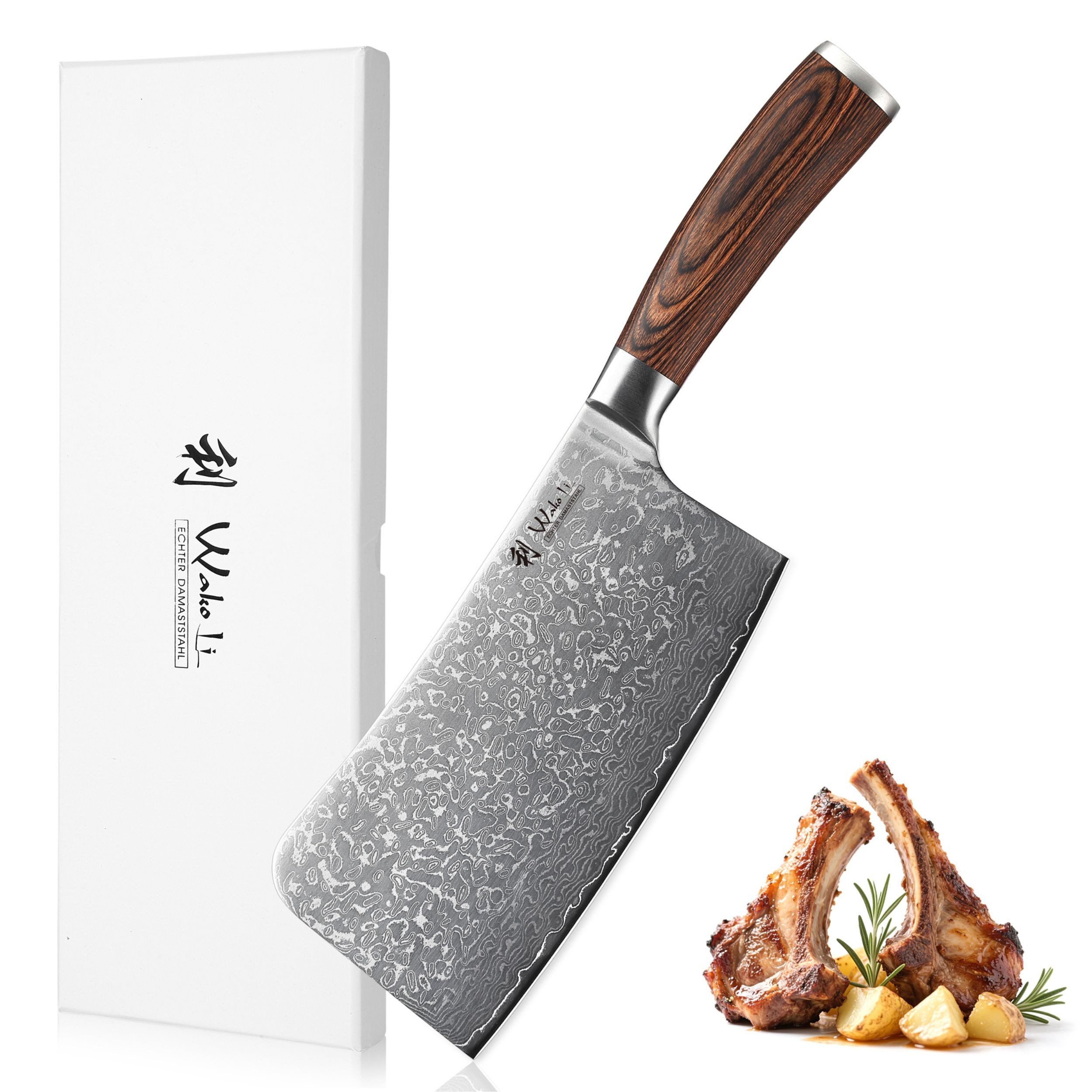 Wakoli Hackmesser EDIB Sakura Damast Knochenhackmesser Küchenmesser 18 cm Klinge, aus 67 Lagen Damaststahl, VG-10 Kern