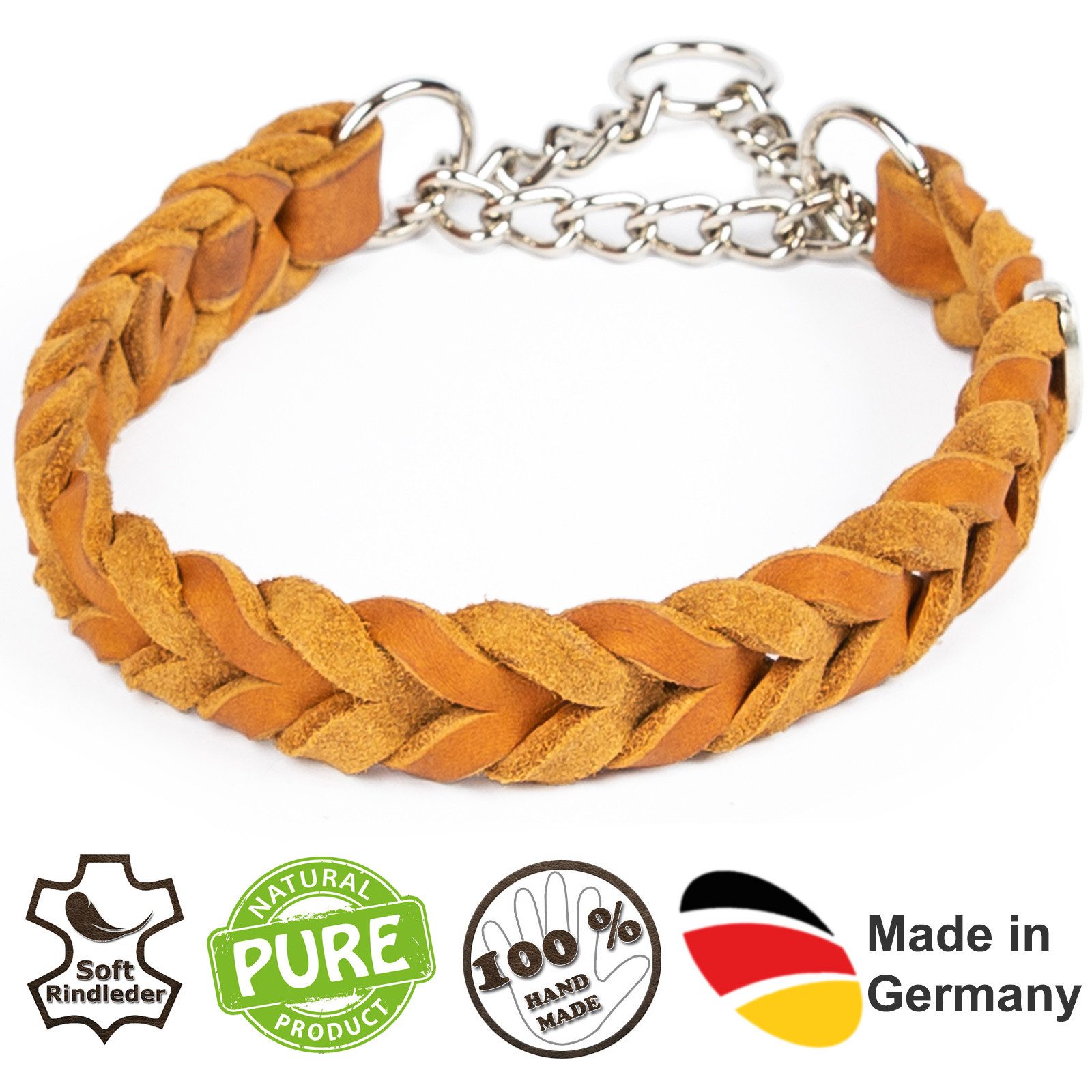 CopcoPet Hunde-Halsband Fettleder Halsband geflochten mit verchromter Zugstopp Kette, Leder, Leder, Geflochten, Handarbeit
