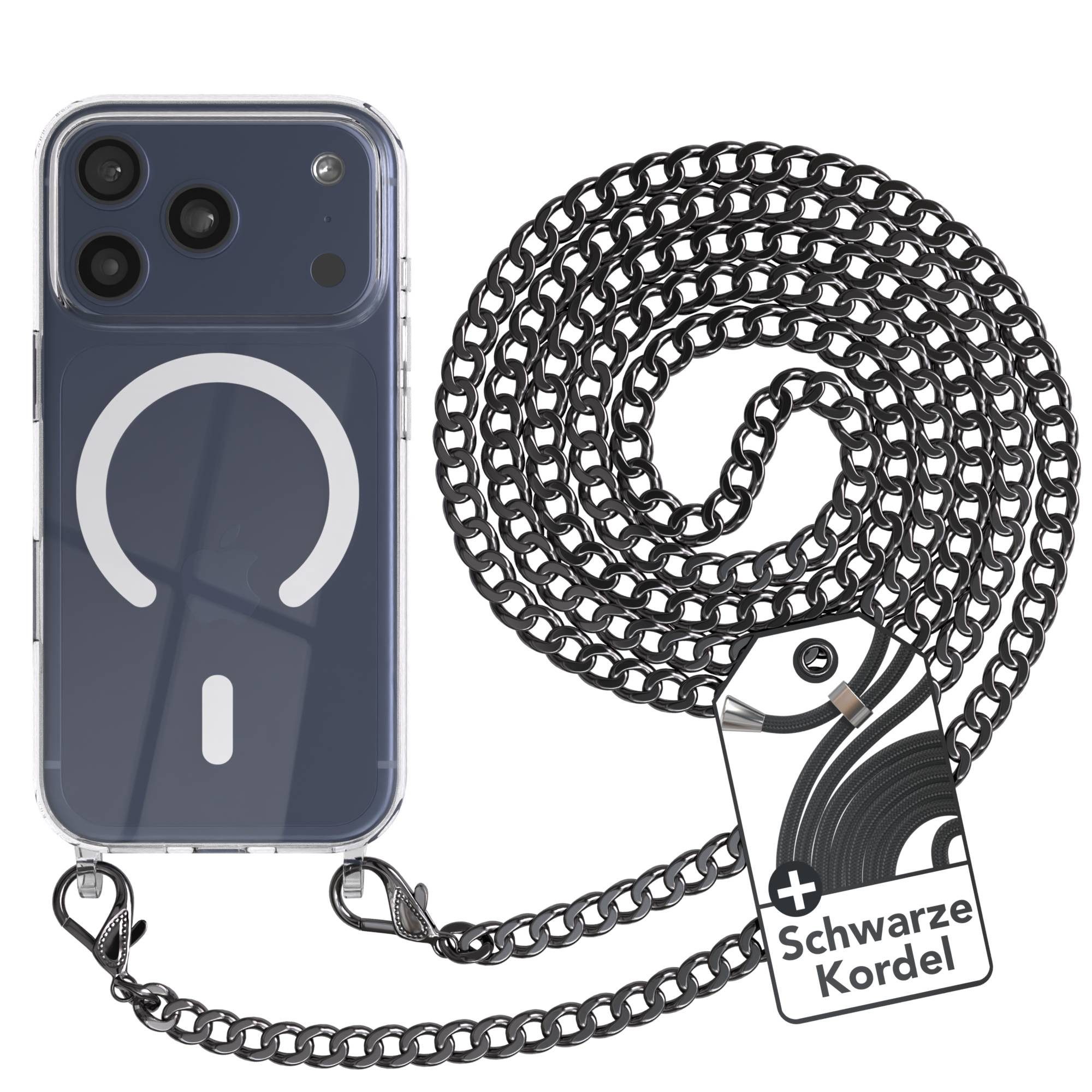 EAZY CASE Handykette Metall mit MagSafe Hülle für Apple iPhone 17 Pro 6,3 Zoll, Handykordel Metall Kette zum Umhängen Magsafe Schutzhülle Anthrazit