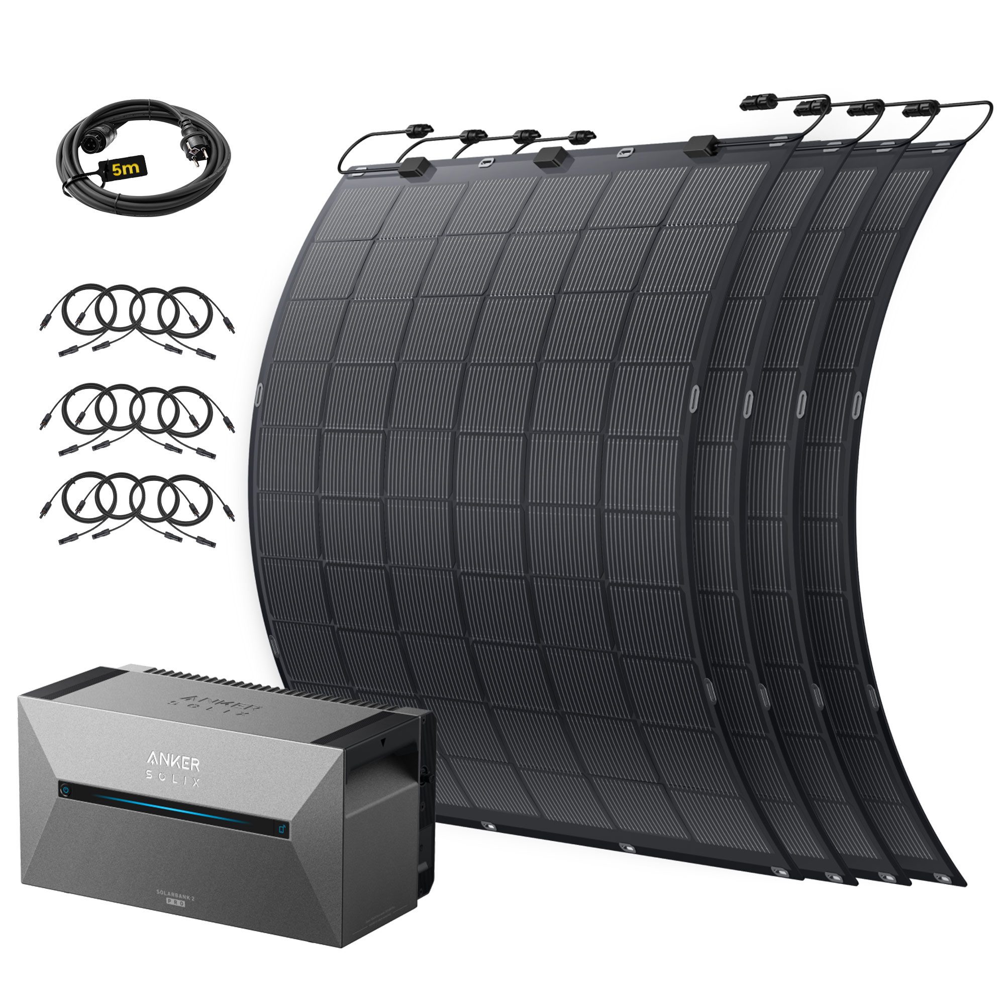 SolarMars Solaranlage Balkonkraftwerk mit Speicher, mit Flexibles Solarpanel, (Anker Solix Solarbank2 E1600 PRO, 1,6kWh, 4 MPPT 2400W Solareingang, 1000W AC), Solarmodul 4x225W für Balkon Dach Wand und Wohnmobil