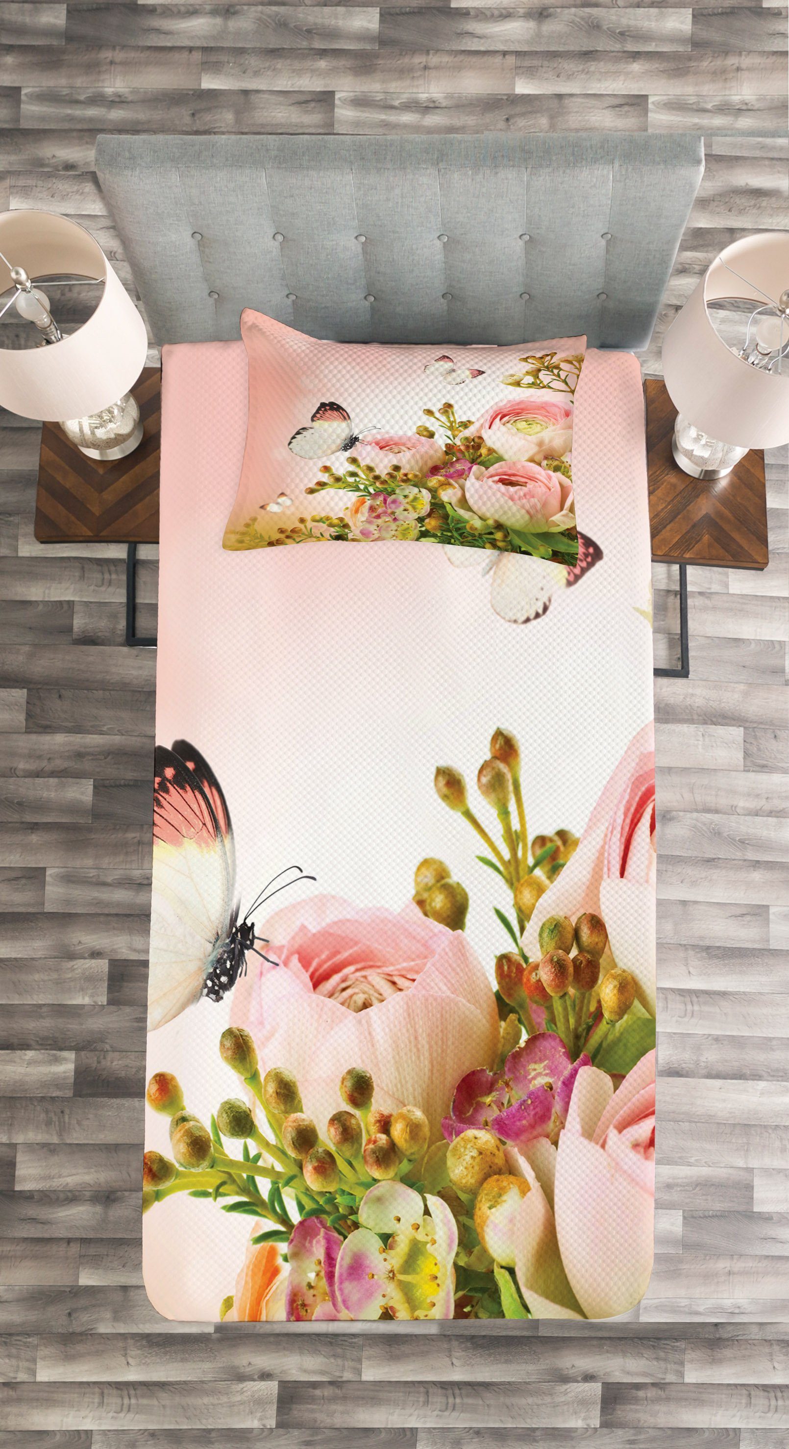 Tagesdecke Set Schmetterling Blühende Feminine Kissenbezügen Roses mit Waschbar, Abakuhaus