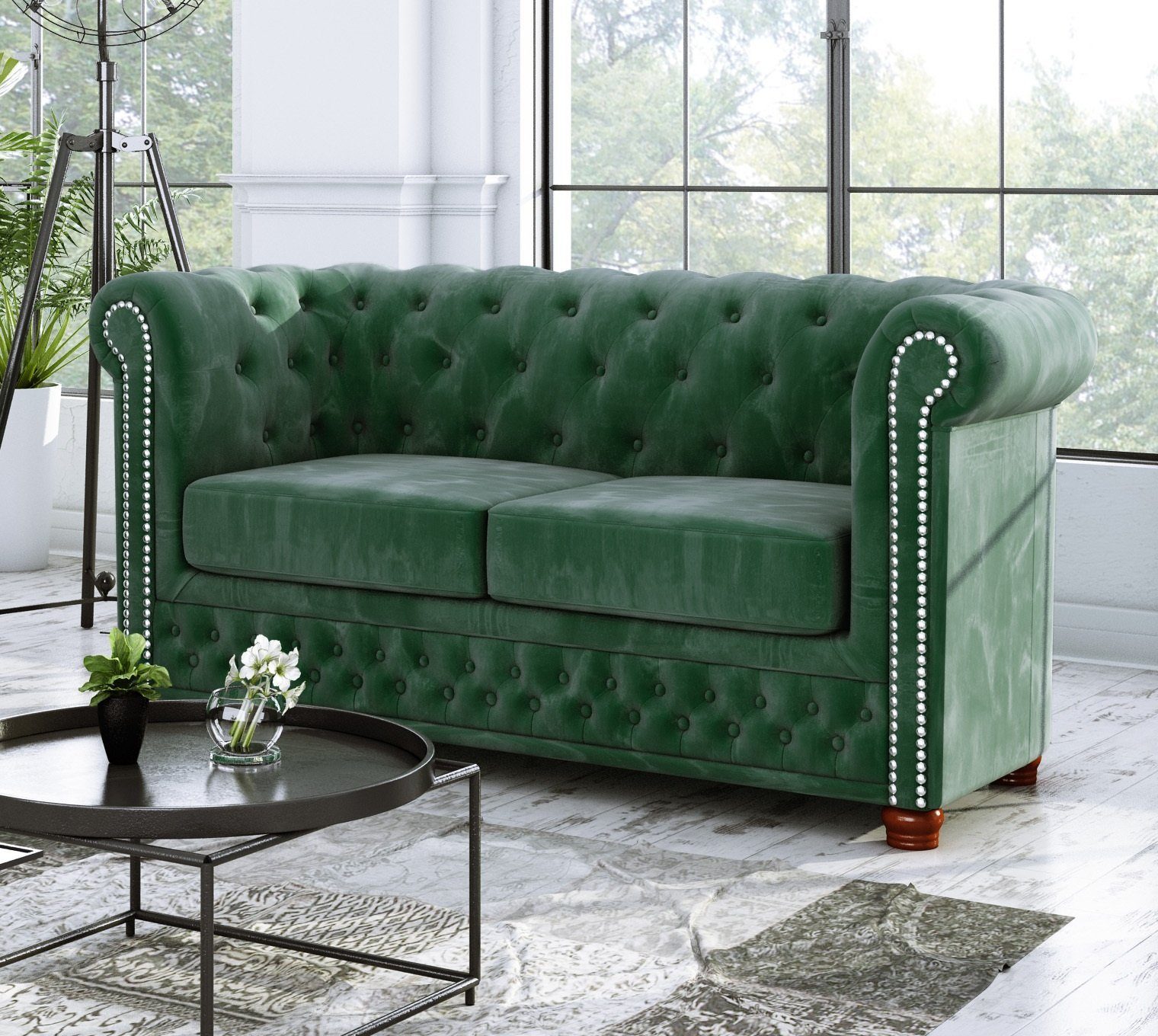 S-Style Möbel 2-Sitzer Leeds Chesterfield Sofa, mit Wellenfederung Flasche grün