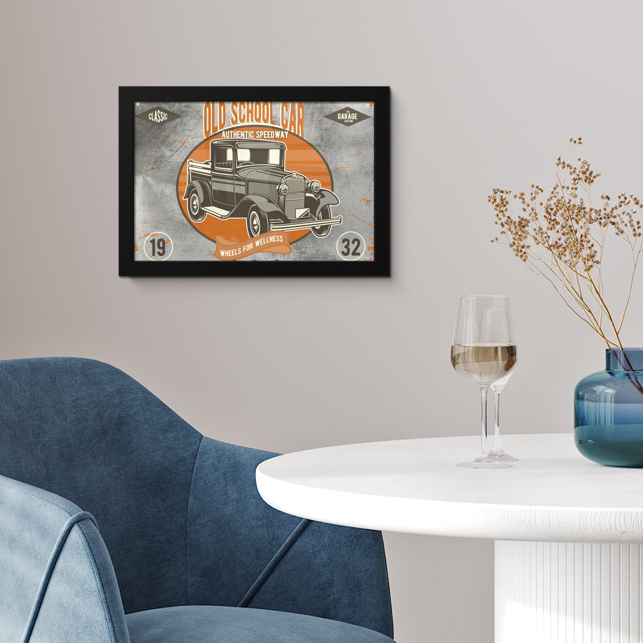 Orange Gerahmtes Grau Bilder, Wanddeko, (1 - Schwarzem Wandposter, Poster - - MuchoWow St), Poster, Mancave Auto Vintage, Bilderrahmen -