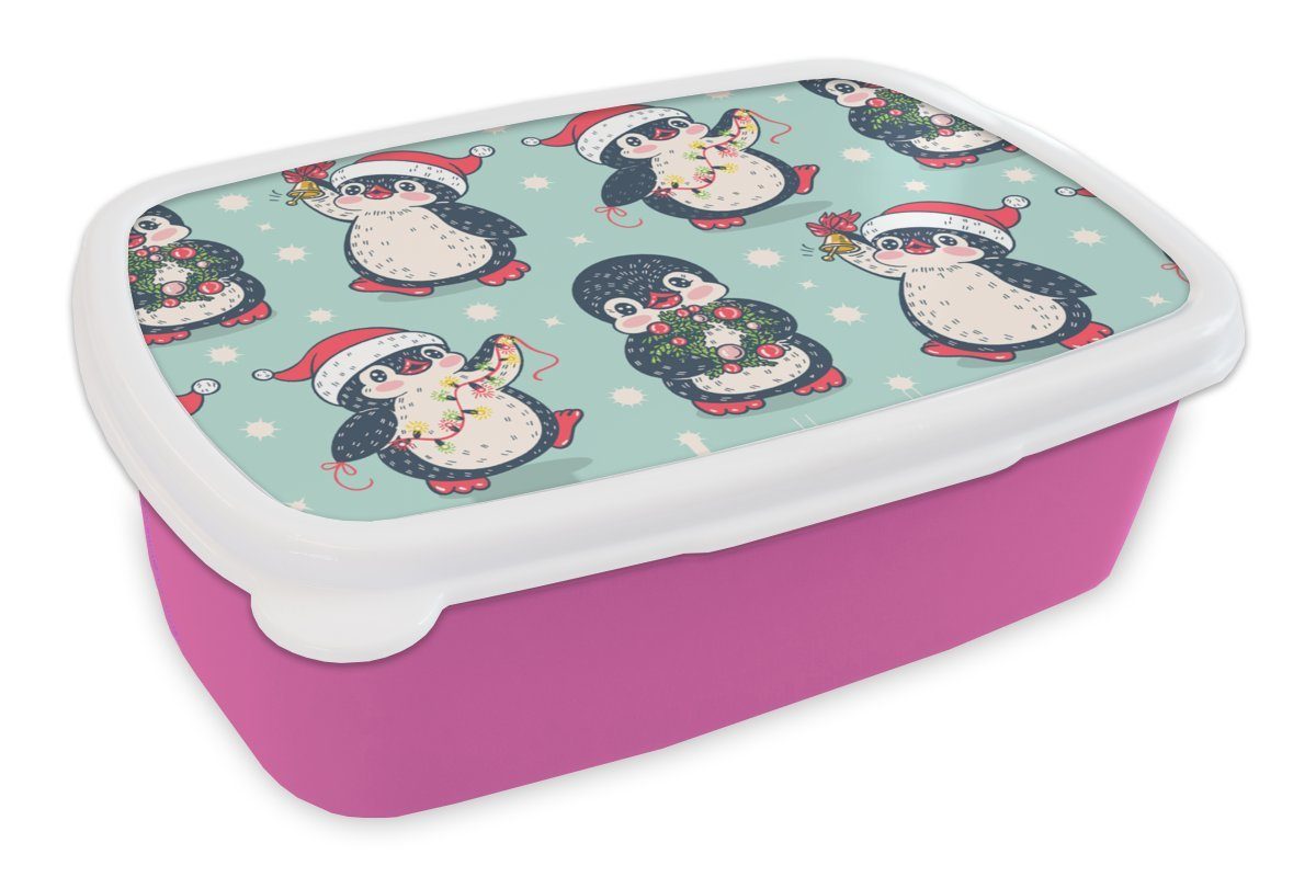 MuchoWow Lunchbox Pinguin - Lichterkette - Weihnachtskranz - Schnittmuster, Kunststoff, (2-tlg), Brotbox für Erwachsene, Brotdose Kinder, Snackbox, Mädchen, Kunststoff rosa
