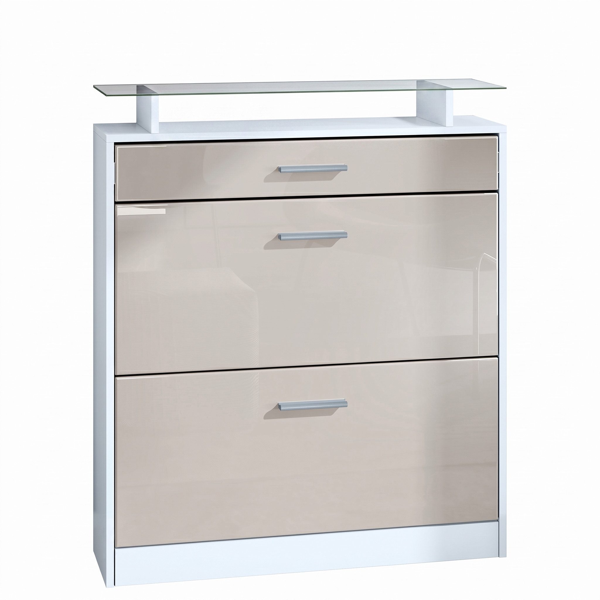 Vladon Schuhschrank Loret (hängender Schuhkipper für 16 Paar Schuhe, mit 2 Klappen und 1 Schublade und Glasablage) Weiß matt/Sandgrau Hochglanz (89 x 104 x 23 cm)