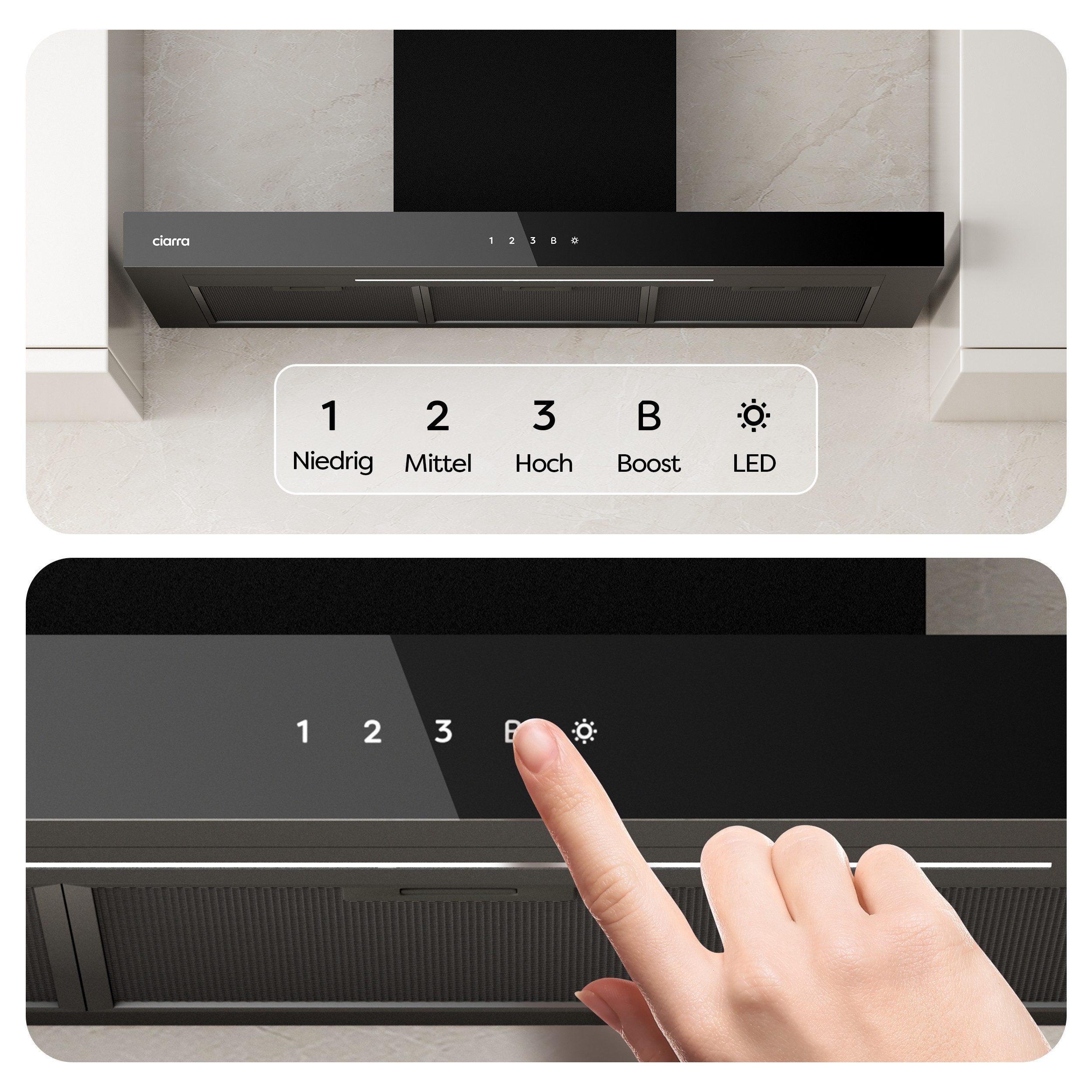 CIARRA Wandhaube 90 cm Dunstabzugshaube A+++ 709 m³/h Umluft & Abluft 4 Stufen CBCB9102 Aktivkohlefiltern, Fettfiltern, LED, WIFI-APP Touch Control mit BOOST – Bild 5 von 5