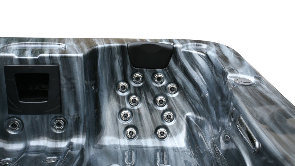 HOME DELUXE Whirlpool Outdoor Whirlpool BLACK MARBLE, (Inkl. Heizung, 27 Massagedüsen und 9 Lichtquellen, 3-tlg), mit Thermoabdeckung und Treppe, 210 x 160 x 85 cm, Außen Whirlpool
