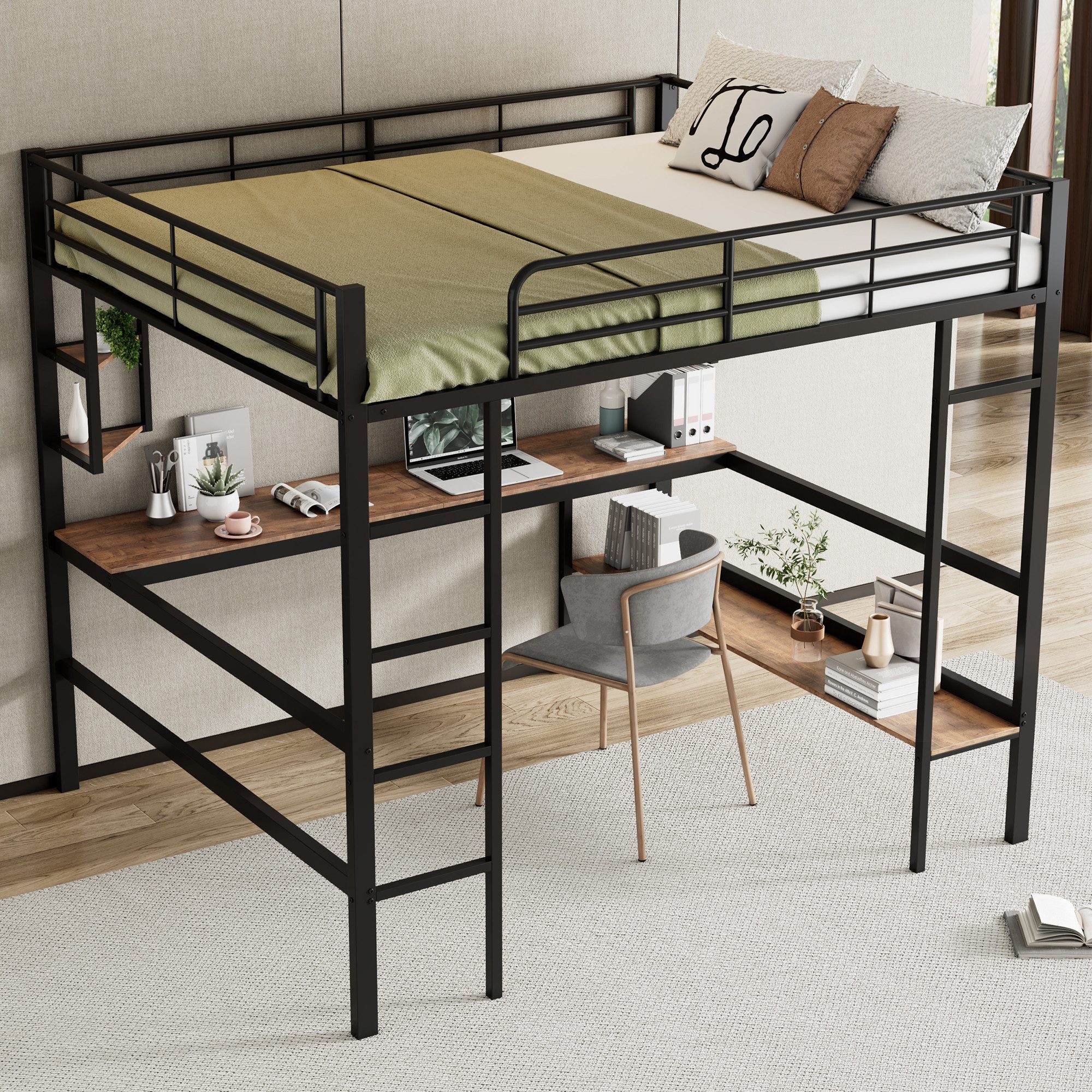 MC Star Bett Bettgestell Metallbett, Eisenbett mit Schreibtisch (Hochbett mit vier kleinen Regalen und einem großen Bücherregal für Kinder, Jugendliche und Erwachsene, schwarz)