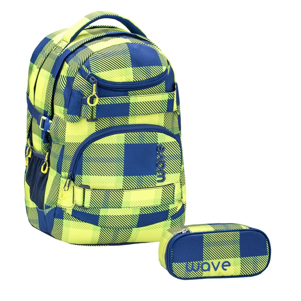 Wave Schulrucksack Infinity, Schultasche, ab 5. Klasse, Set mit Schlamper, für Mädchen Teenager Neon Pattern