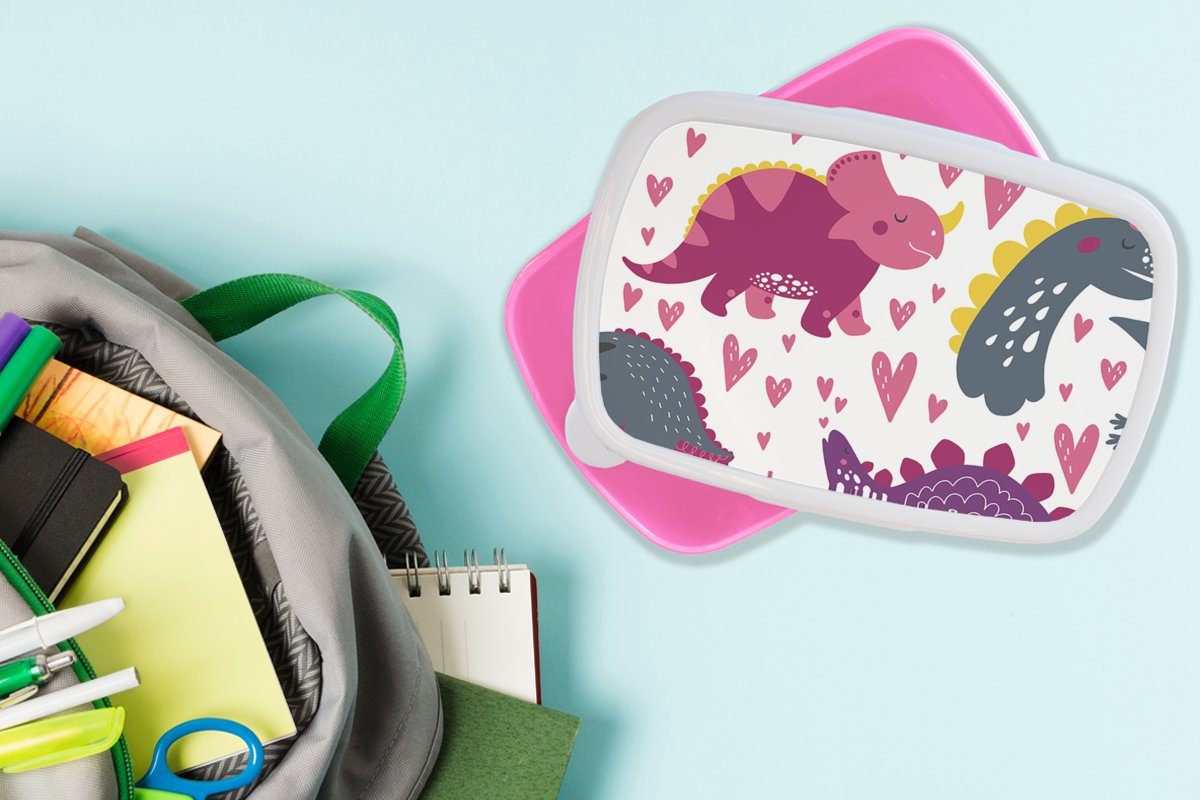 Brotbox (2-tlg), Herz Mädchen - Snackbox, - Dino Lunchbox Brotdose Mädchen, Kunststoff - Rosa - Muster für Dinosaurier, MuchoWow Kunststoff, - Kinder, Erwachsene,