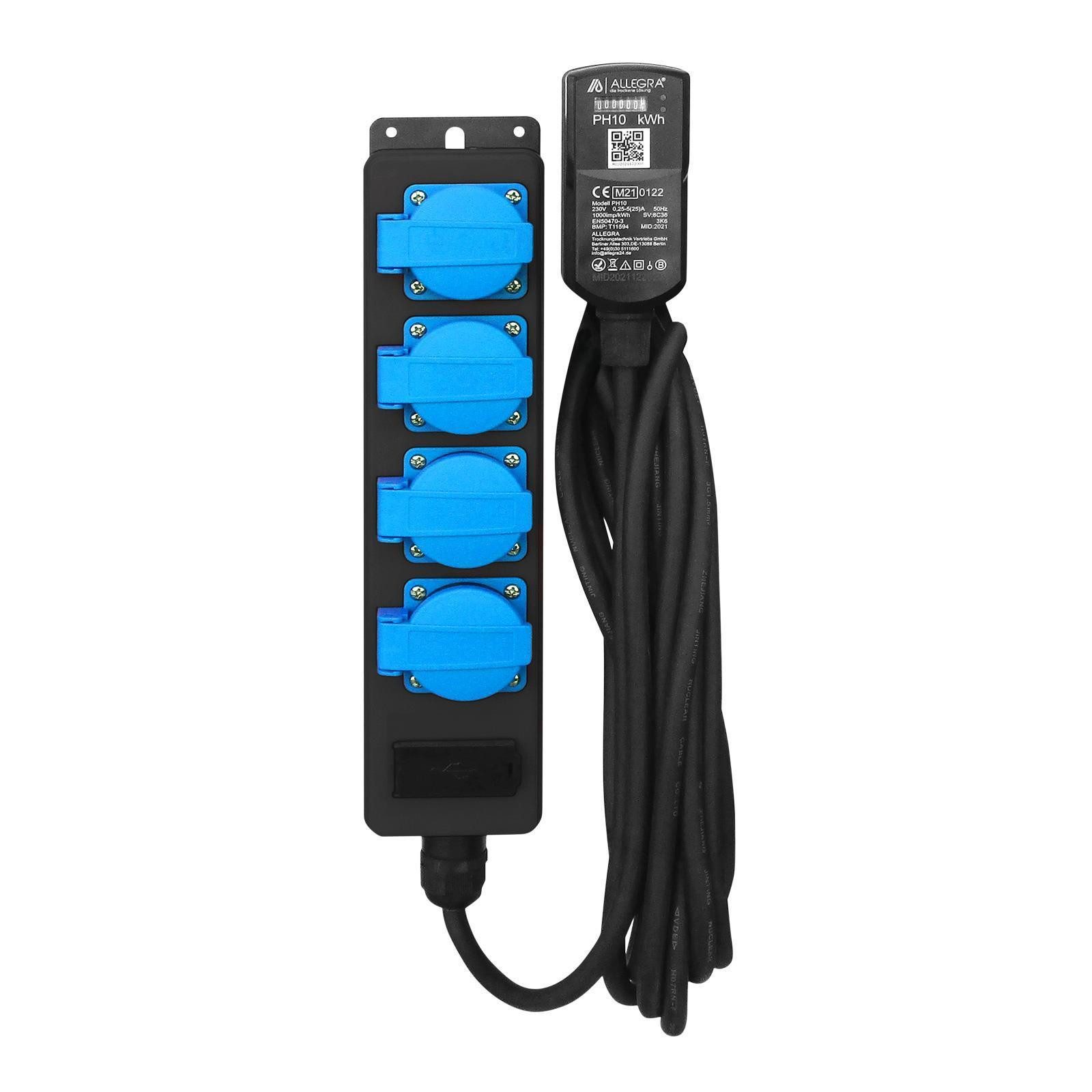 ALLEGRA 4-fach Verteilersteckdosenleiste mit USB und MID Stromzähler PH10 Verlängerungskabel, USB