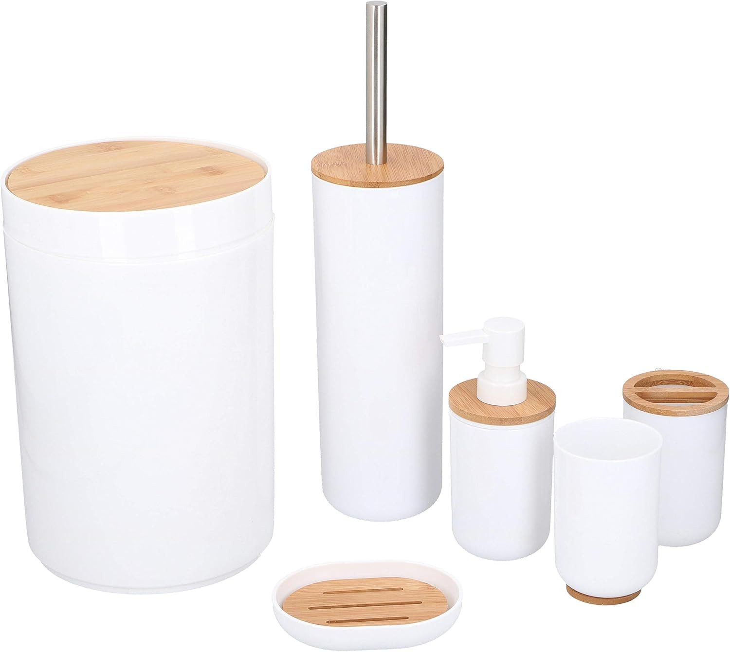 habeig Badezimmer-Set 6-tlg. Bambus Toilettenzubehörset Mülleimer Seifensch günstig online kaufen