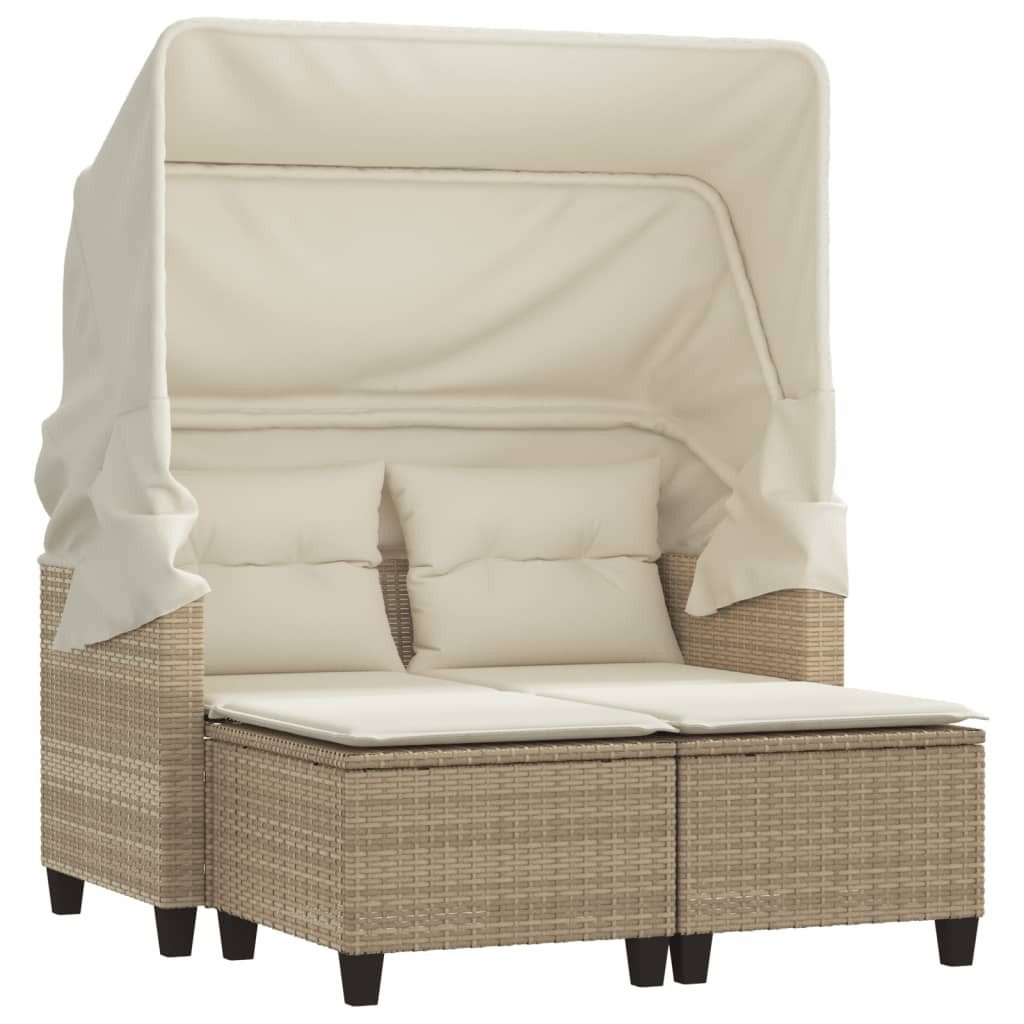 vidaXL Sofa, Gartensofa 2-Sitzer mit Dach und Hockern Beige Poly Rattan