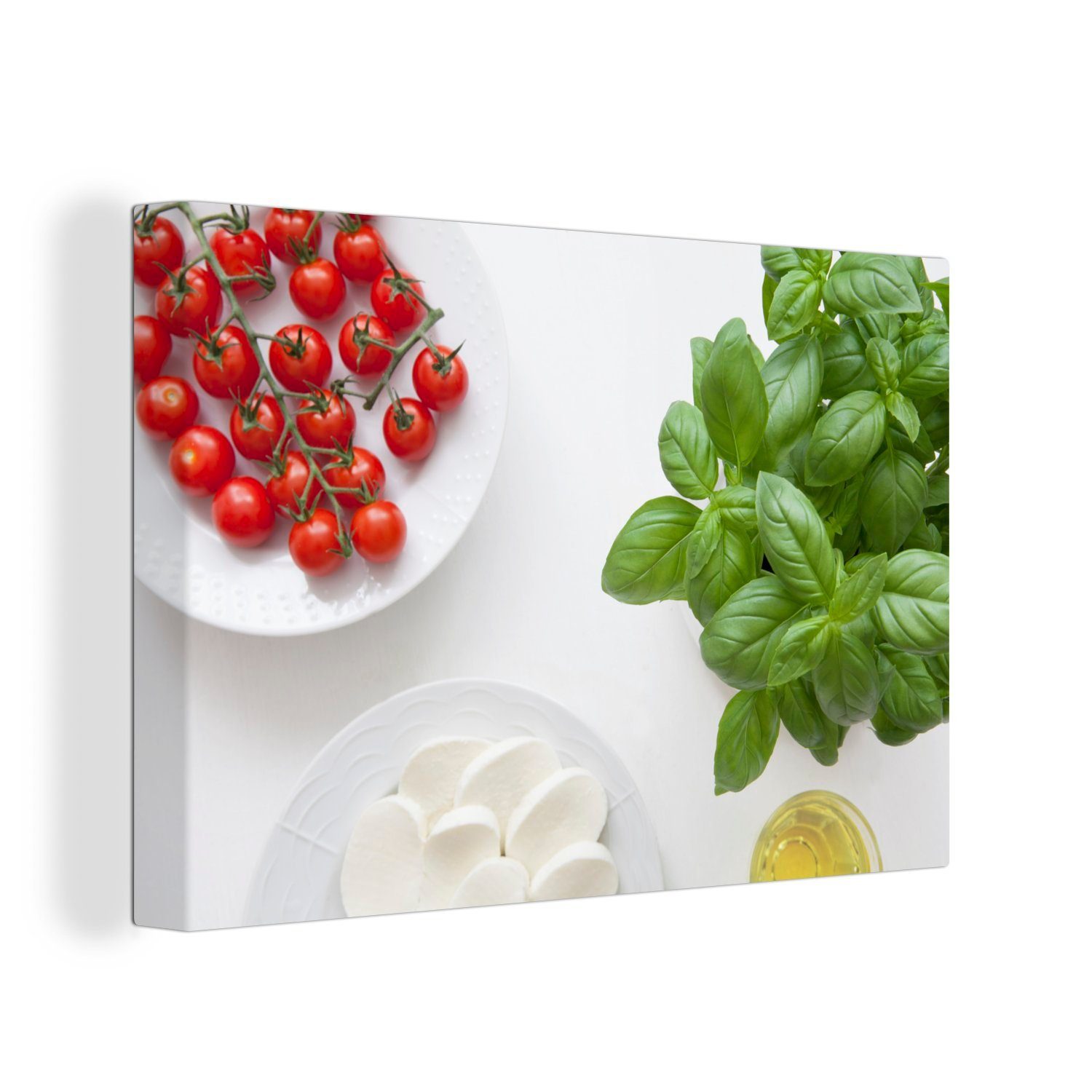 OneMillionCanvasses® Leinwandbild Basilikumpflanze (1 cm mit und 30x20 Leinwandbilder, Wanddeko, Wandbild Mozzarella, St), Aufhängefertig, Tomaten