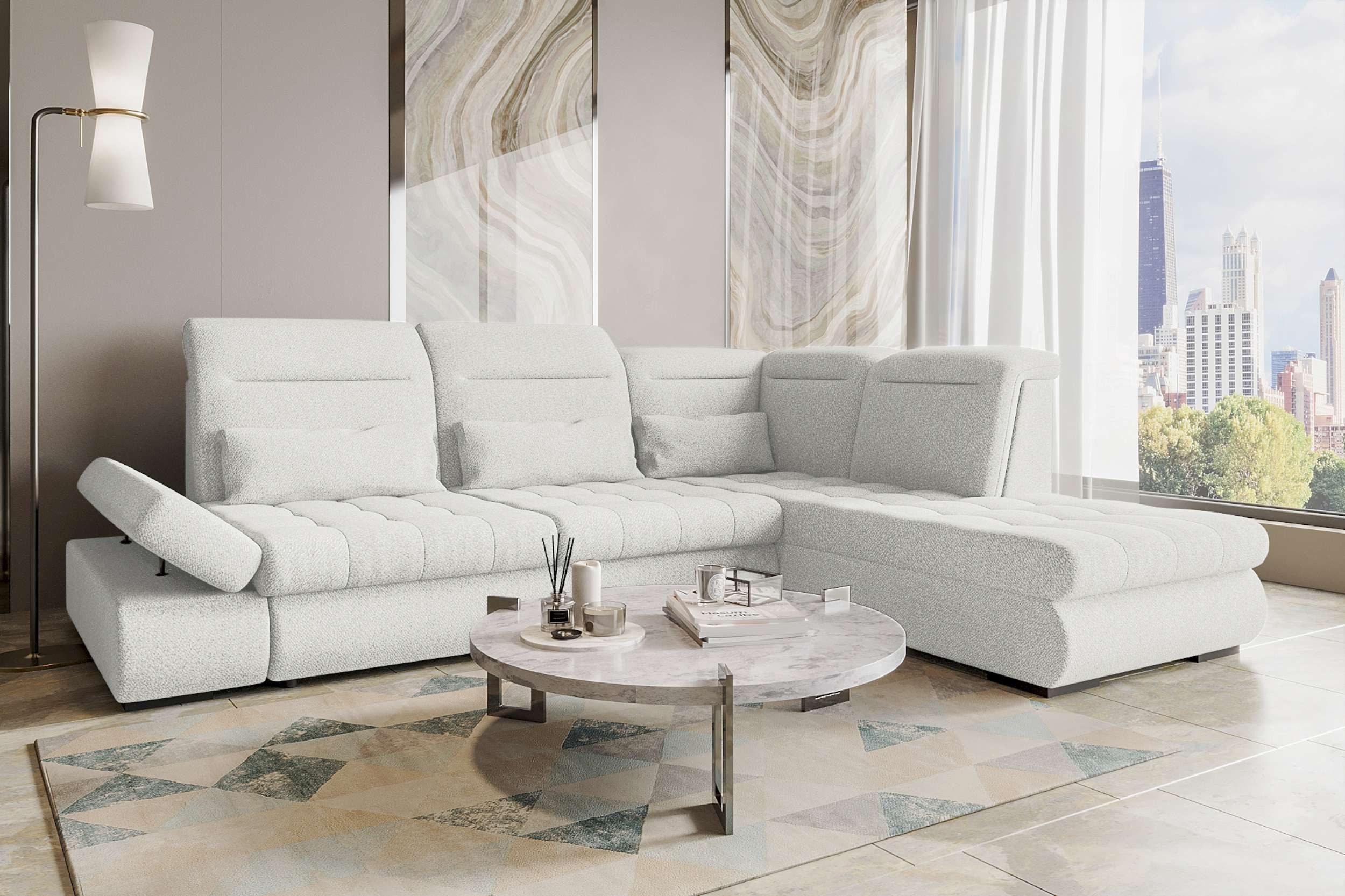 99rooms Ecksofa Toscana, Sofa L-Form, Eckcouch, Bettfunktion, Rundumbezug aus gepolstertem Strukturstoff NEVE