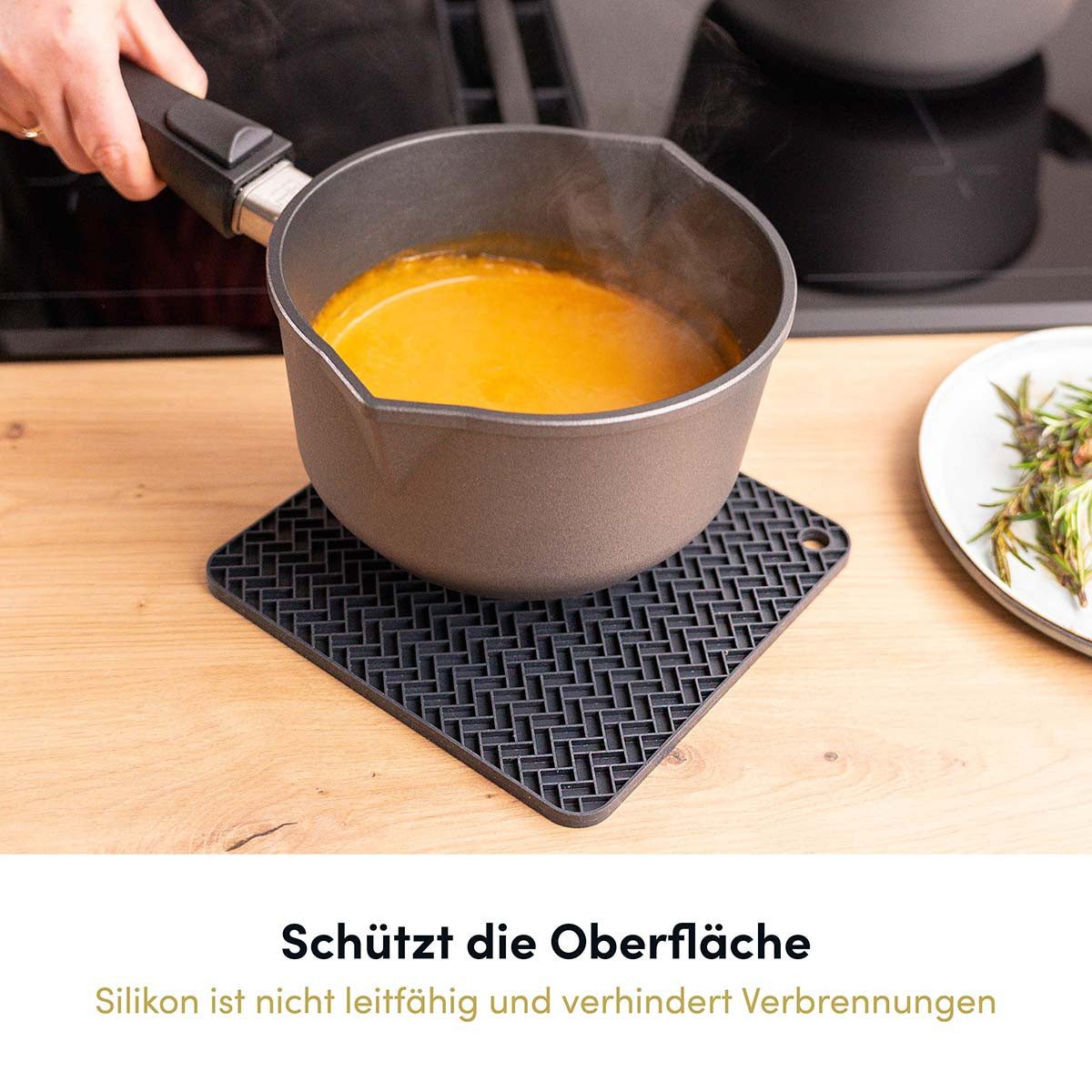 Hoffmann Germany Topfuntersetzer Silikon 2-in-1 Untersetzer & Topflappen 19×19 cm, anthrazit, Zubehör für alle Töpfe und Pfannen, 1-tlg., 230°C, spülmaschinenfest, rutschfest, lebensmittelecht