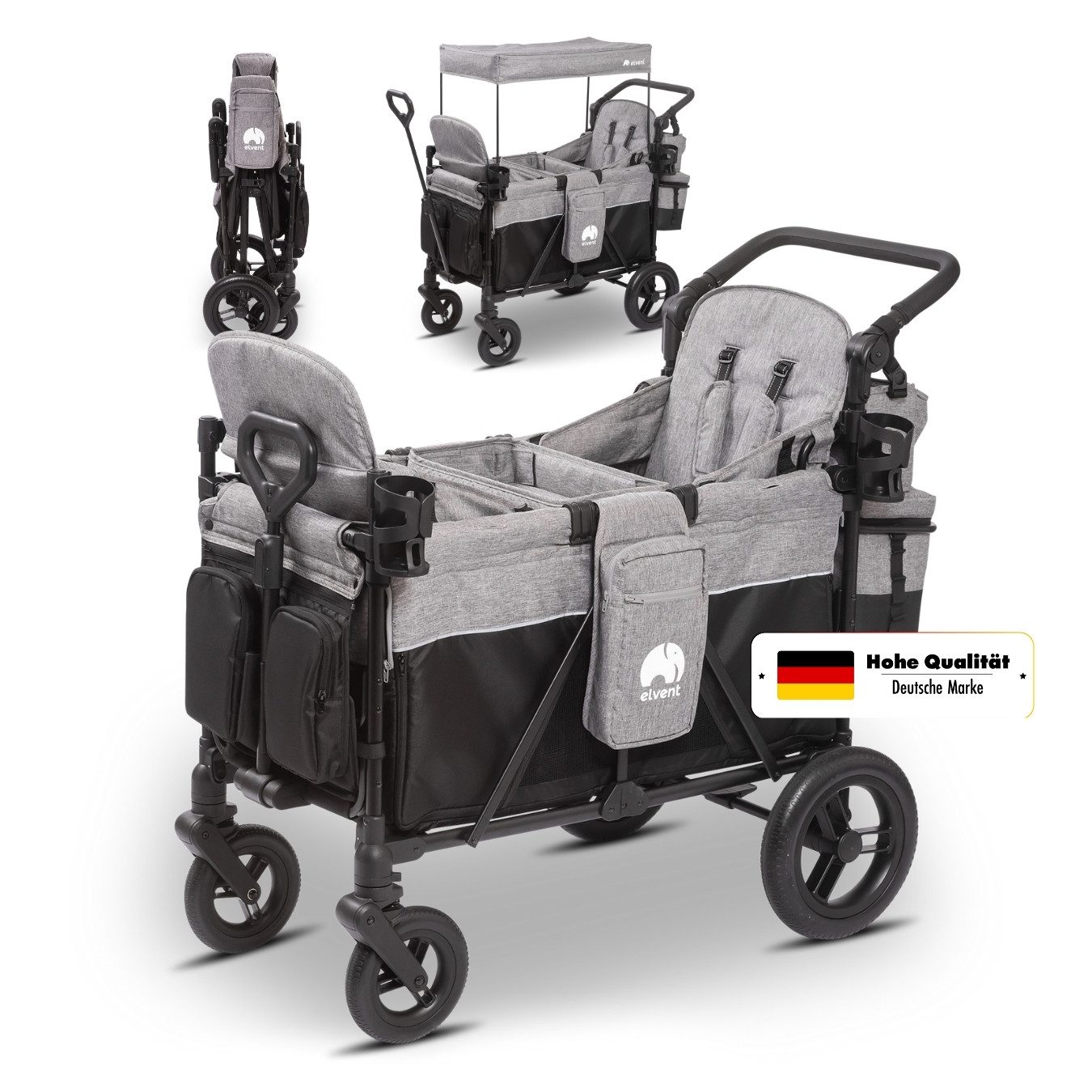 elvent Bollerwagen ComfortPlus 2, Kompakt faltbar, Für bis zu 2 Kinder, Ideal für Ausflüge und Alltag