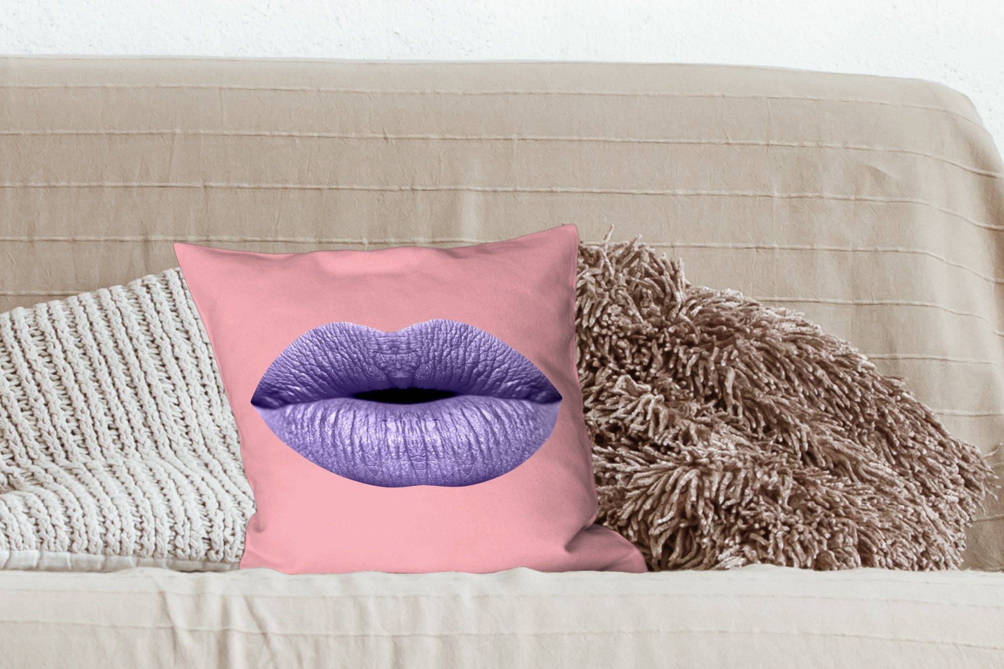 MuchoWow Dekokissen Lippen - Füllung - Sofakissen Zierkissen Deko, für Schlafzimmer, mit Pastell Rosa, Wohzimmer