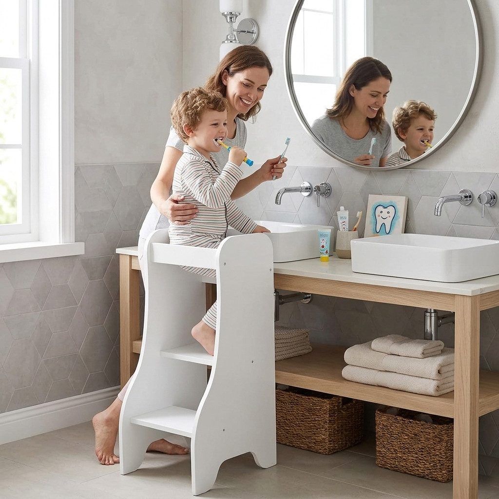 Puckdaddy GmbH Stehhilfe Lernturm ab 1 Jahr, Tritthocker Weiß, höhenverstellbar, Holz, stabil, Montessori Lernturm, Küchenhilfe, Stehturm für Kinder von 1-4 Jahre