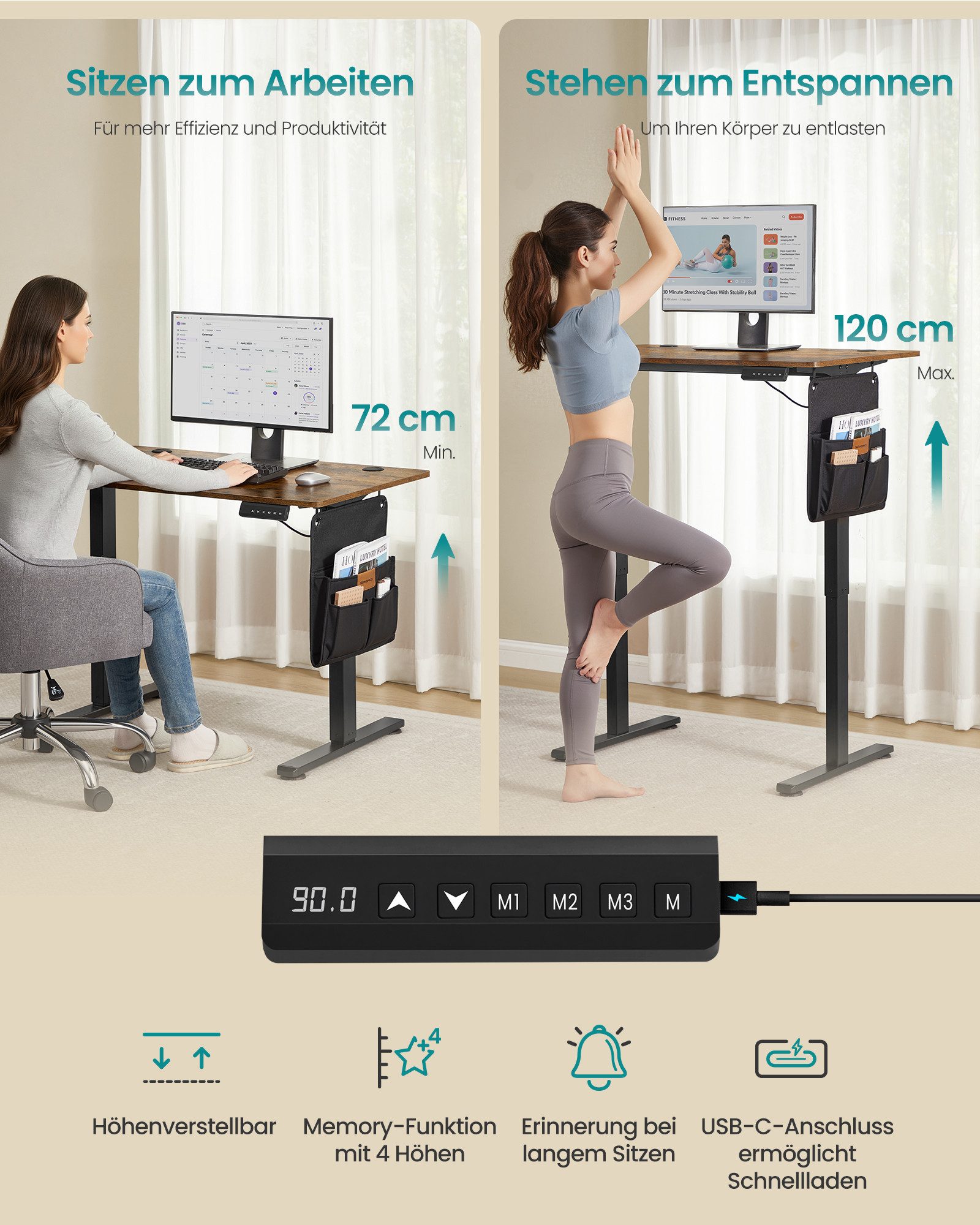 SONGMICS Schreibtisch Höhenverstellbarer elektrisch, 100/120/140/160/180 cm, USB-C-Anschluss, Memory-Funktion für 4 Höhen, mit Stoff-Organizer
