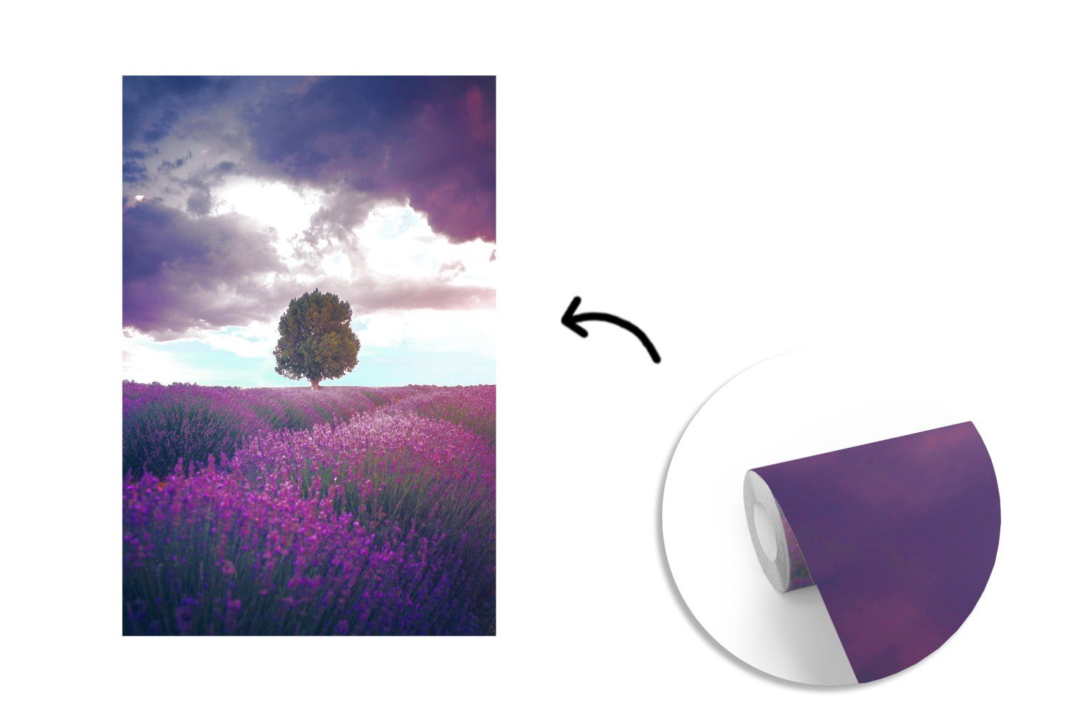 Lavendel Lila - Natur, St), Matt, Vinyl Wohnzimmer, Blumen - bedruckt, (3 - Tapete Fototapete Wandtapete Baum für Montagefertig MuchoWow -